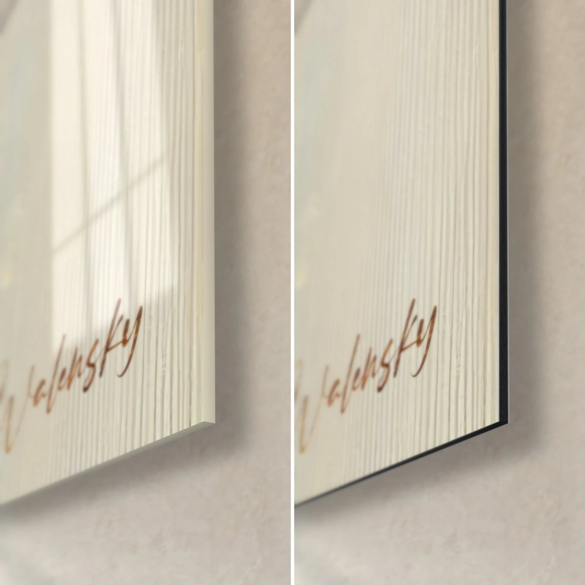 Cuadro de un escarabajo dorado y gris azulado, esquina inferior derecha: cristal acrílico brillante con reflejos a la izquierda, aluminio Dibond mate a la derecha