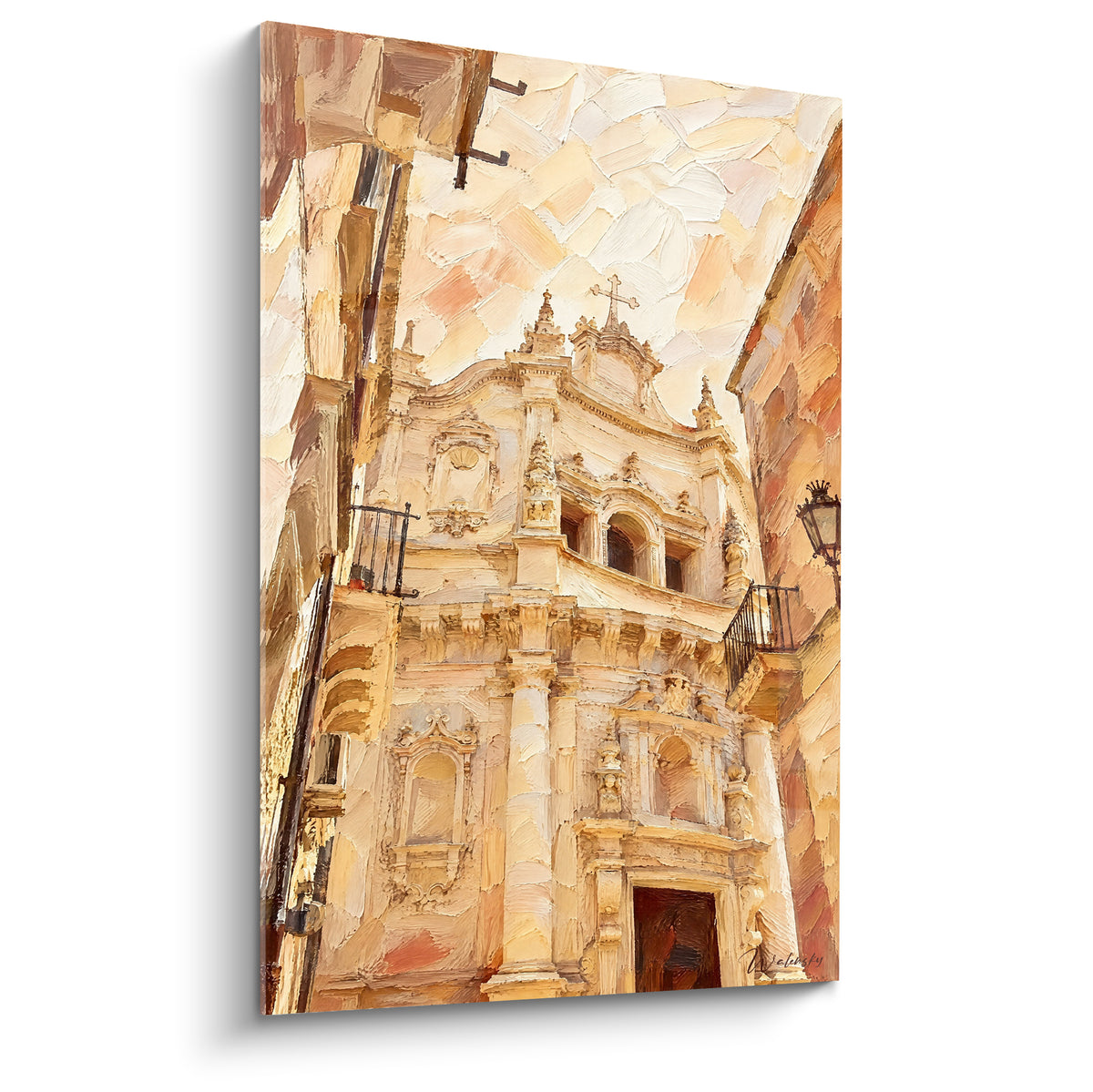 Tableau façade baroque de Lecce aux tons ocre et dorés sculptés en pleine lumière