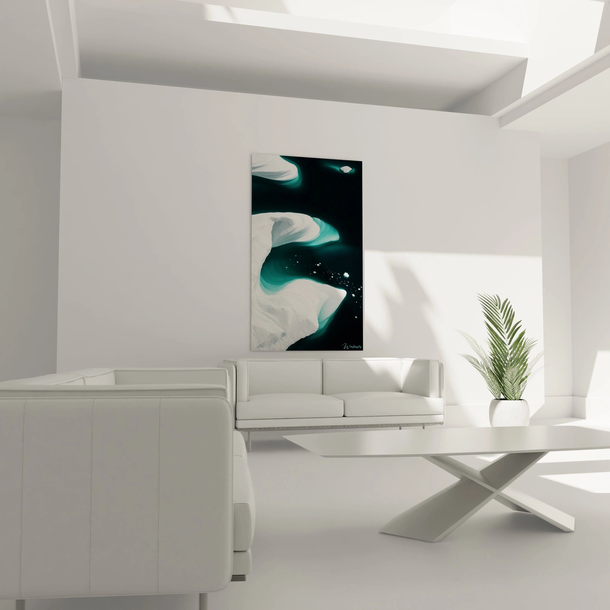 Un tableau vue aérienne arctique capturant des structures glaciaires blanches contre des eaux aux dégradés de turquoise et bleu marine. Les formes organiques des masses de glace occupent les bords de la composition, tandis que de petits fragments blancs parsèment la surface sombre, créant un contraste saisissant.
