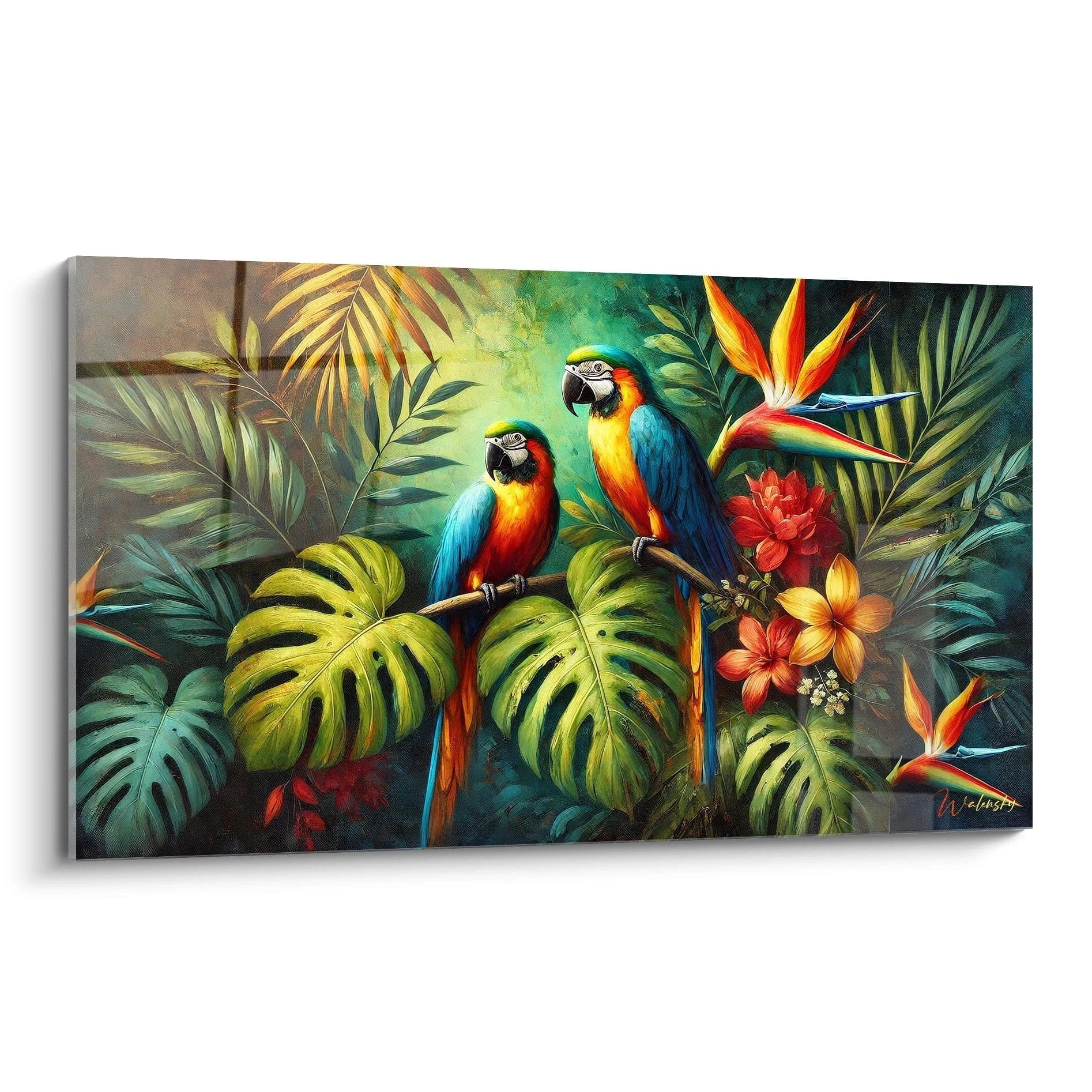  Découvrez ce tableau perroquet aux couleurs vives, capturé de biais. Les détails minutieux des plumes et des feuillages tropicaux illuminent toute pièce avec une énergie exotique et vibrante.