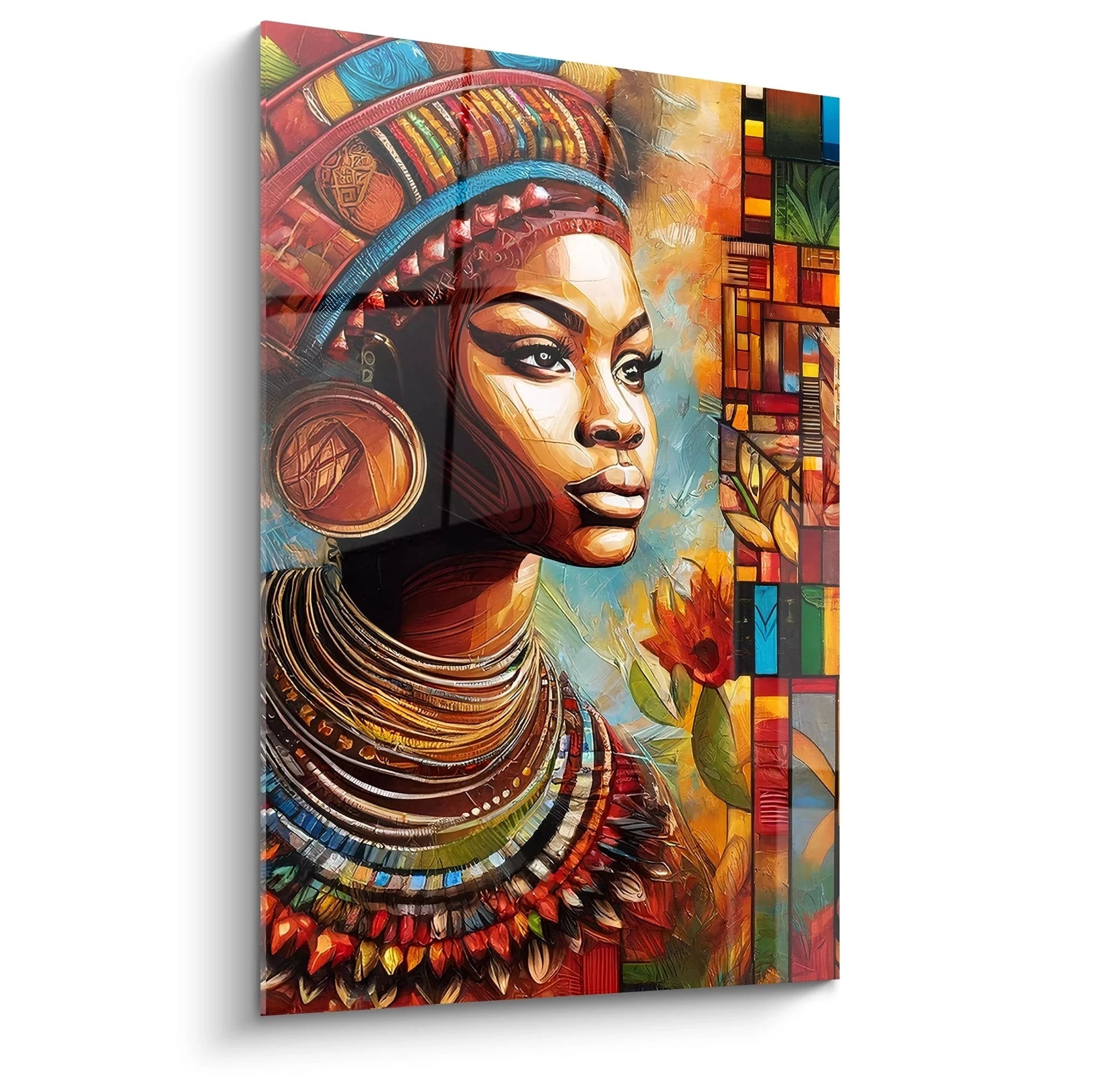 Le tableau africain vu de biais révèle ses couleurs vives : rouge, bleu et orange. Légers jeux d'ombre soulignent les motifs géométriques et floraux, tandis que le regard de la femme semble percer l'espace.

