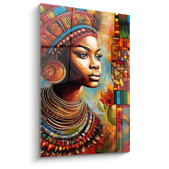 Le tableau africain vu de biais révèle ses couleurs vives : rouge, bleu et orange. Légers jeux d'ombre soulignent les motifs géométriques et floraux, tandis que le regard de la femme semble percer l'espace.

