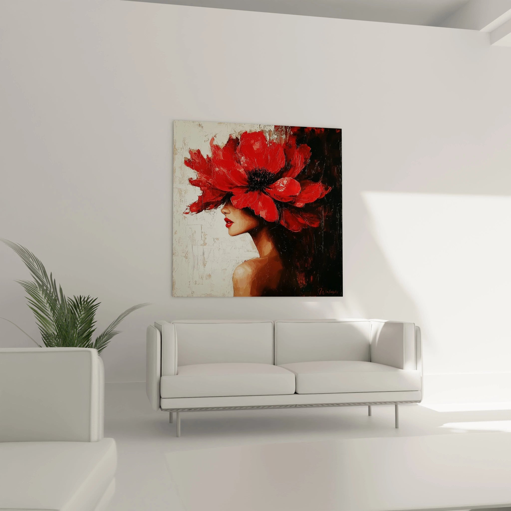 Un tableau femme mystérieuse présentant un profil féminin partiellement masqué par une imposante fleur rouge aux textures épaisses. Les lèvres rouges font écho à la fleur, sur un fond contrasté entre clarté et obscurité, avec des effets de matière visible.
