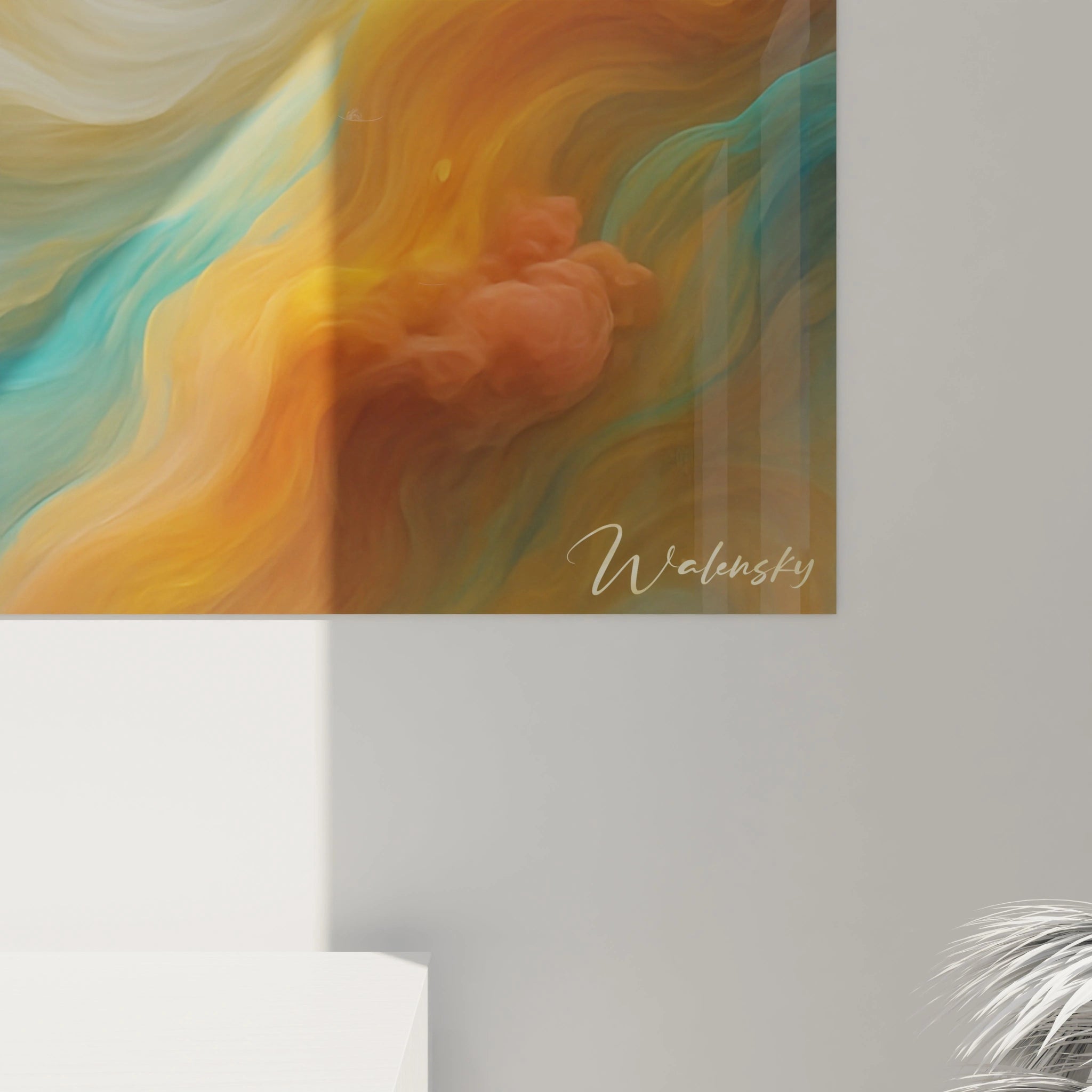 Un tableau relief abstrait figurant des courants fluides ondoyants, aux couleurs jaune solaire, bleu aquatique et blanc vaporeux, dont les textures variables et les reliefs nuageux créent une sensation de mouvement perpétuel et de profondeur.
