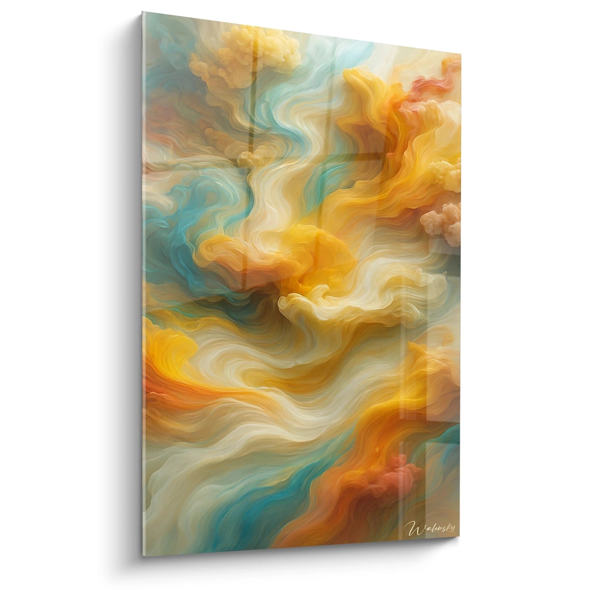 Un tableau relief abstrait représentant des flux colorés ondulants, aux teintes turquoise, jaune doré et blanc crémeux, créant l'illusion de nuages ou fluides en mouvement avec des textures tridimensionnelles émergeant de la surface.
