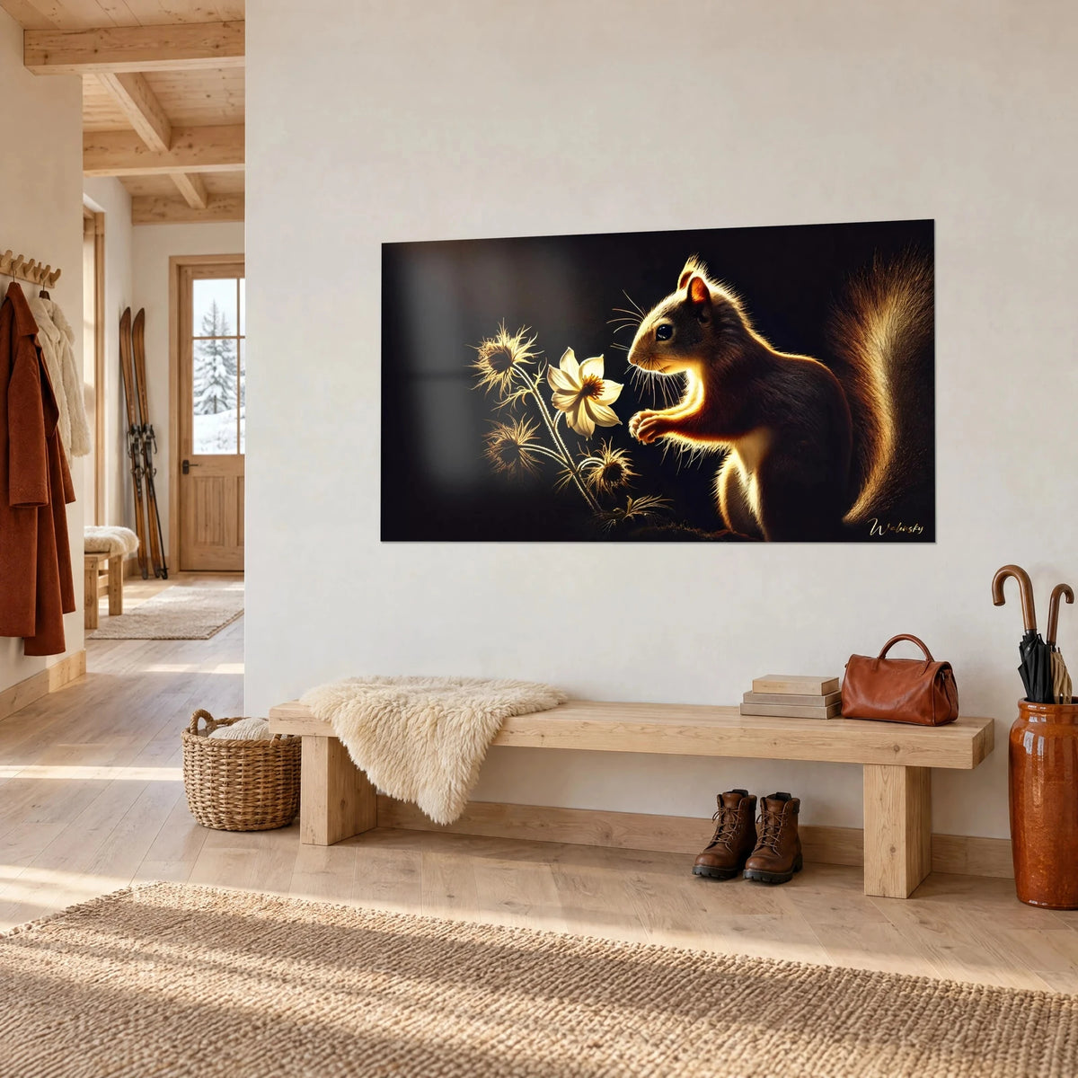 Wall art of a small rodent with coppery fur against a black background, cream flower and golden fuzzy stems, white wall of a chalet