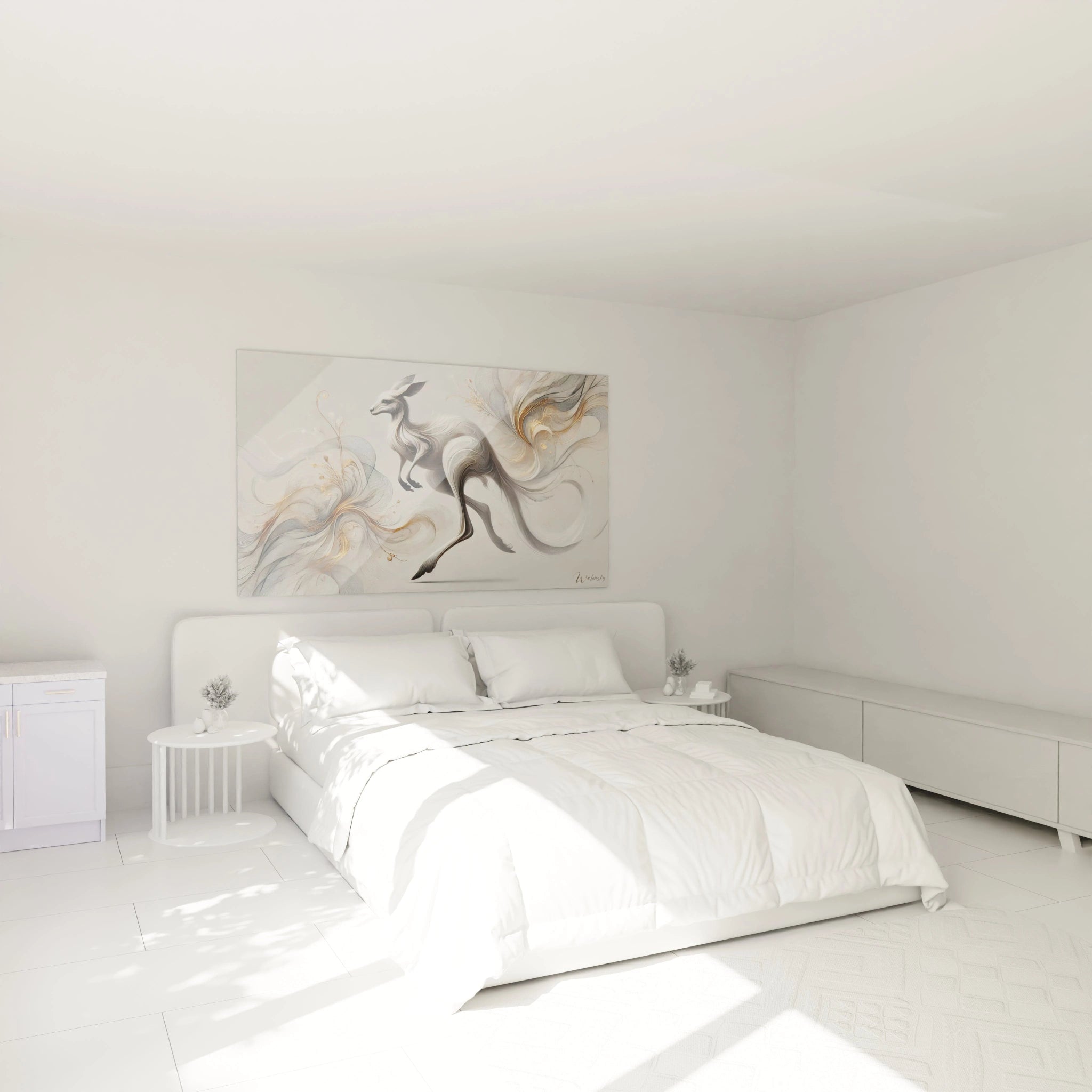 Sublimez votre chambre avec ce tableau kangourou accroché au-dessus du lit. Les courbes délicates et les couleurs argentées créent une ambiance apaisante, parfaite pour un espace reposant.

