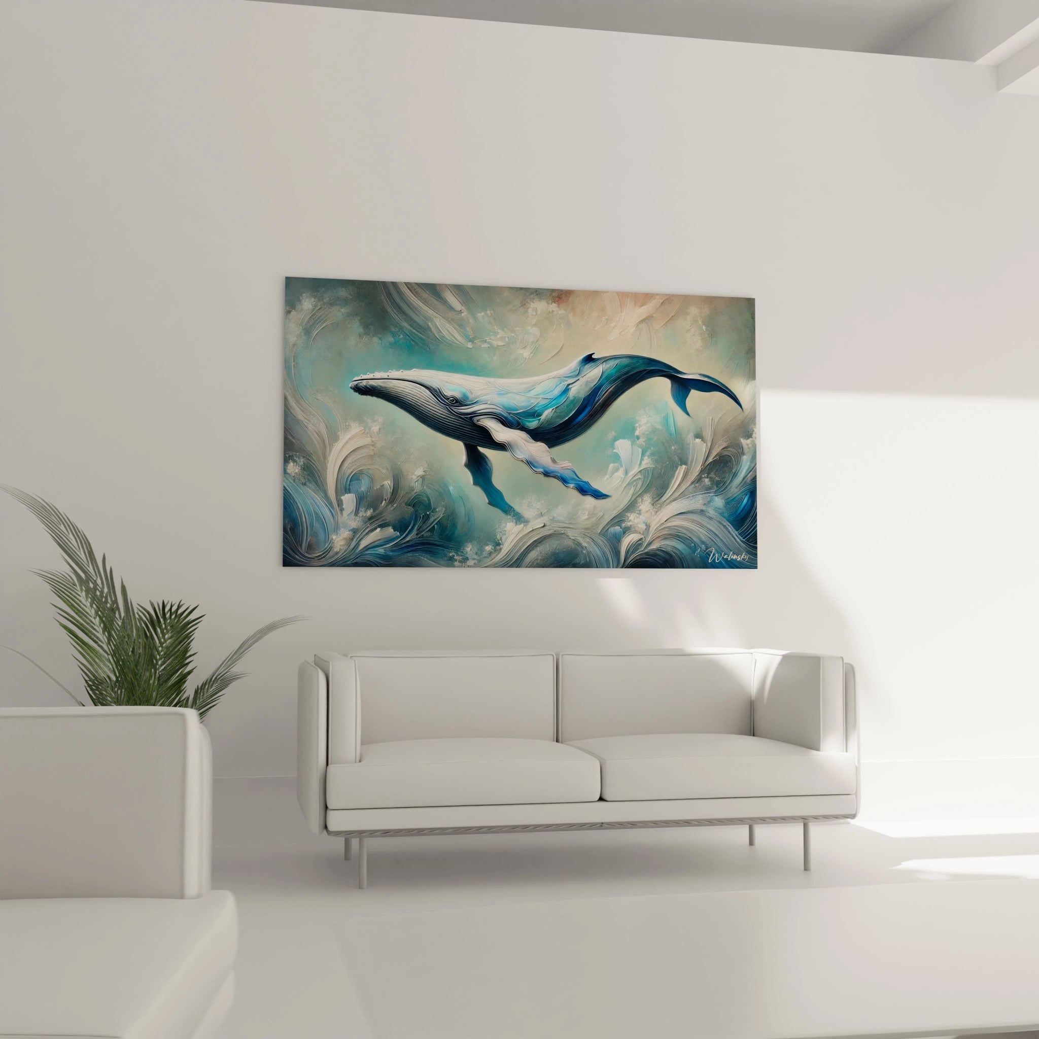 Ce tableau baleine suspendu au-dessus de votre canape dans le salon apporte une touche naturelle et mystique. Ses couleurs oceaniques et son mouvement fluide completeront harmonieusement votre espace de vie.

