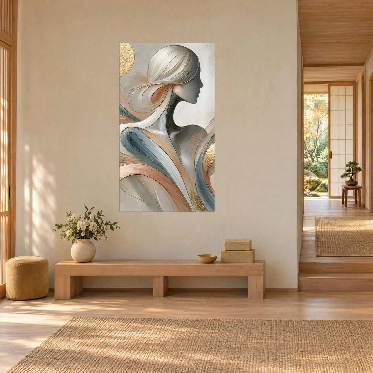 Tableau portrait stylisé d'une femme aux ondulations pêche et bleu ardoise, soleil doré en coin, vue de trois-quarts dans un couloir japandi