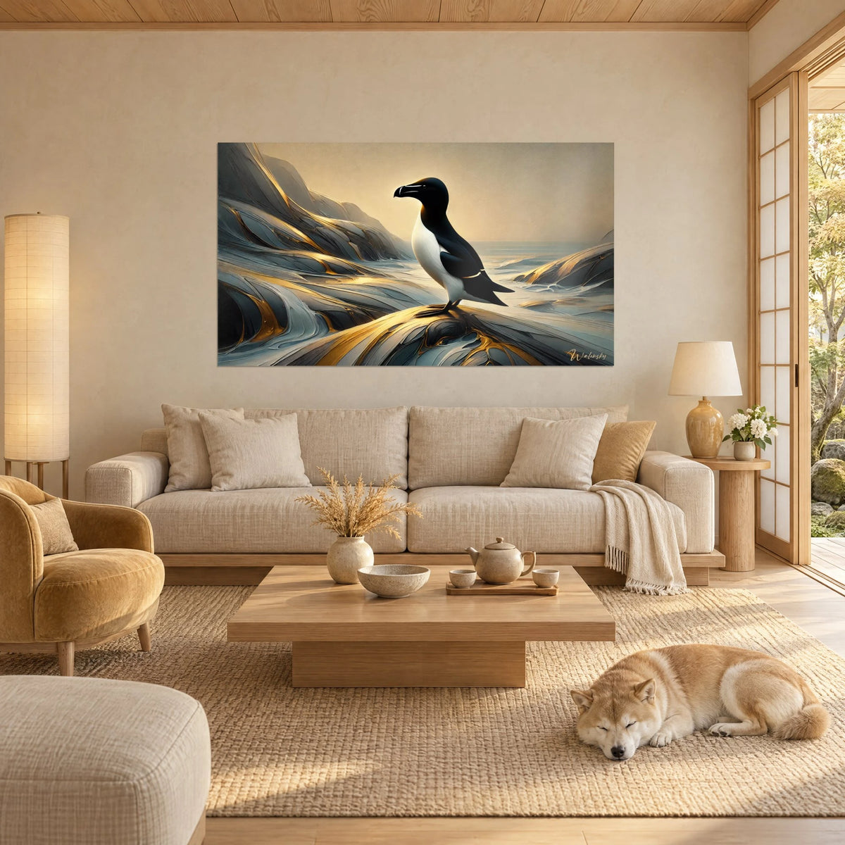Gemälde mit einem Pinguin in schwarz-weißem Gefieder auf goldenem Felsen, graues Meer im Hintergrund, schlafender Shiba, über einem Sofa in einem hellen Wohnzimmer