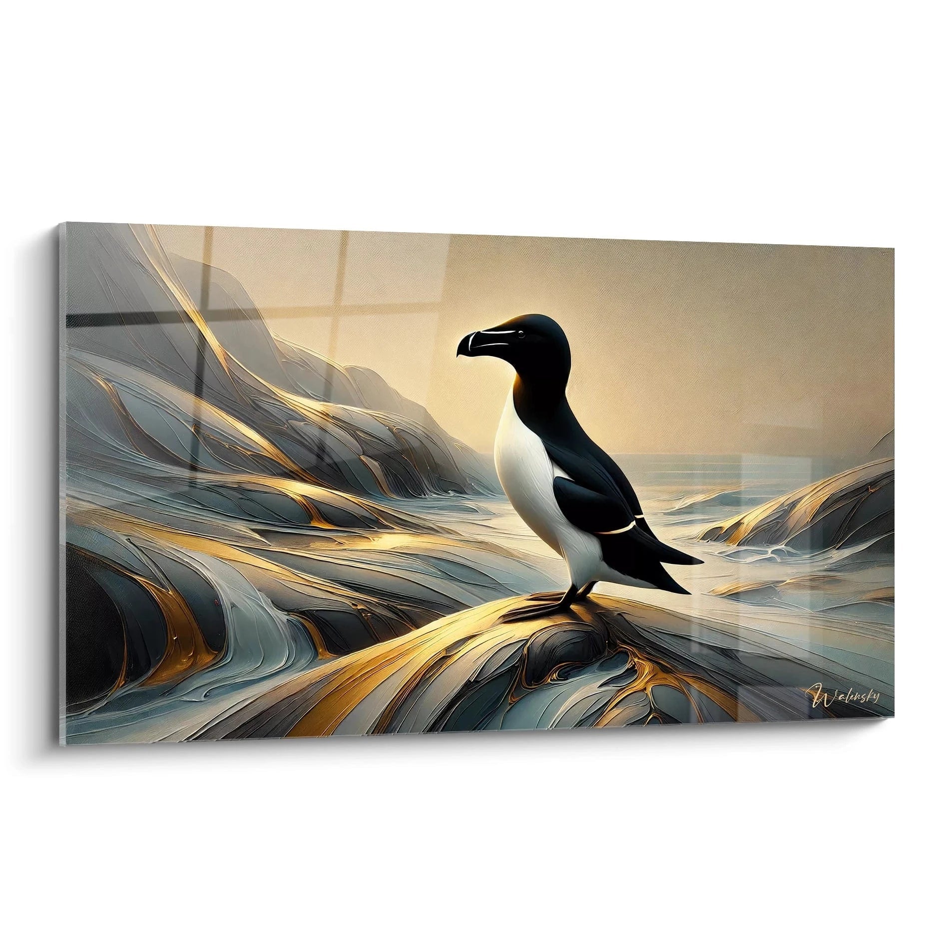 tableau mouette vue de biais sur un fond abstrait. L'oiseau se detache au milieu d'un paysage doux et poétique. L'harmonie entre la nature et l'oiseau est parfaitement capturée.

