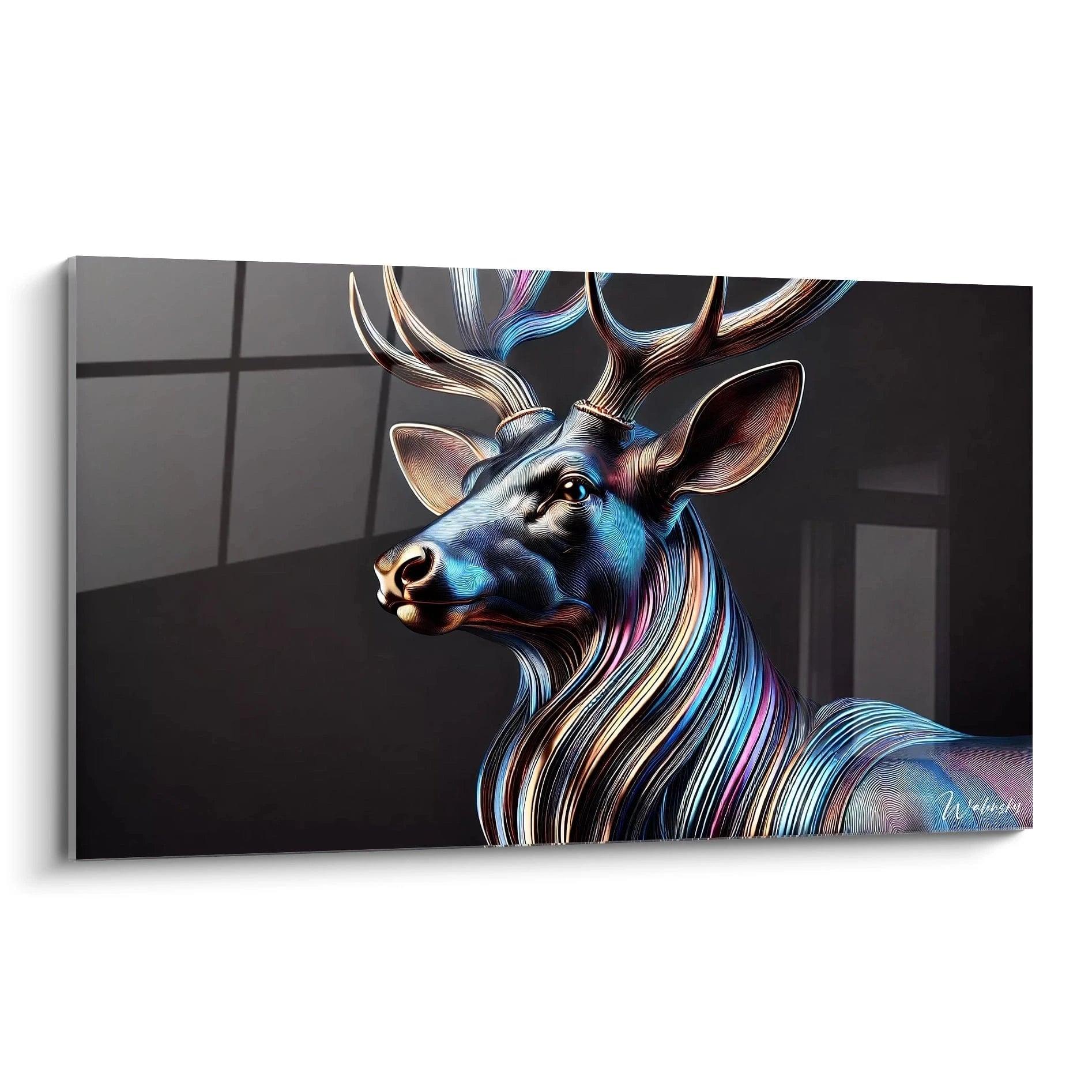 Vue de biais du tableau cerf multicolore avec reflets lumineux bleu, or rose et violet, représentant un cerf majestueux dans un style futuriste et graphique.
