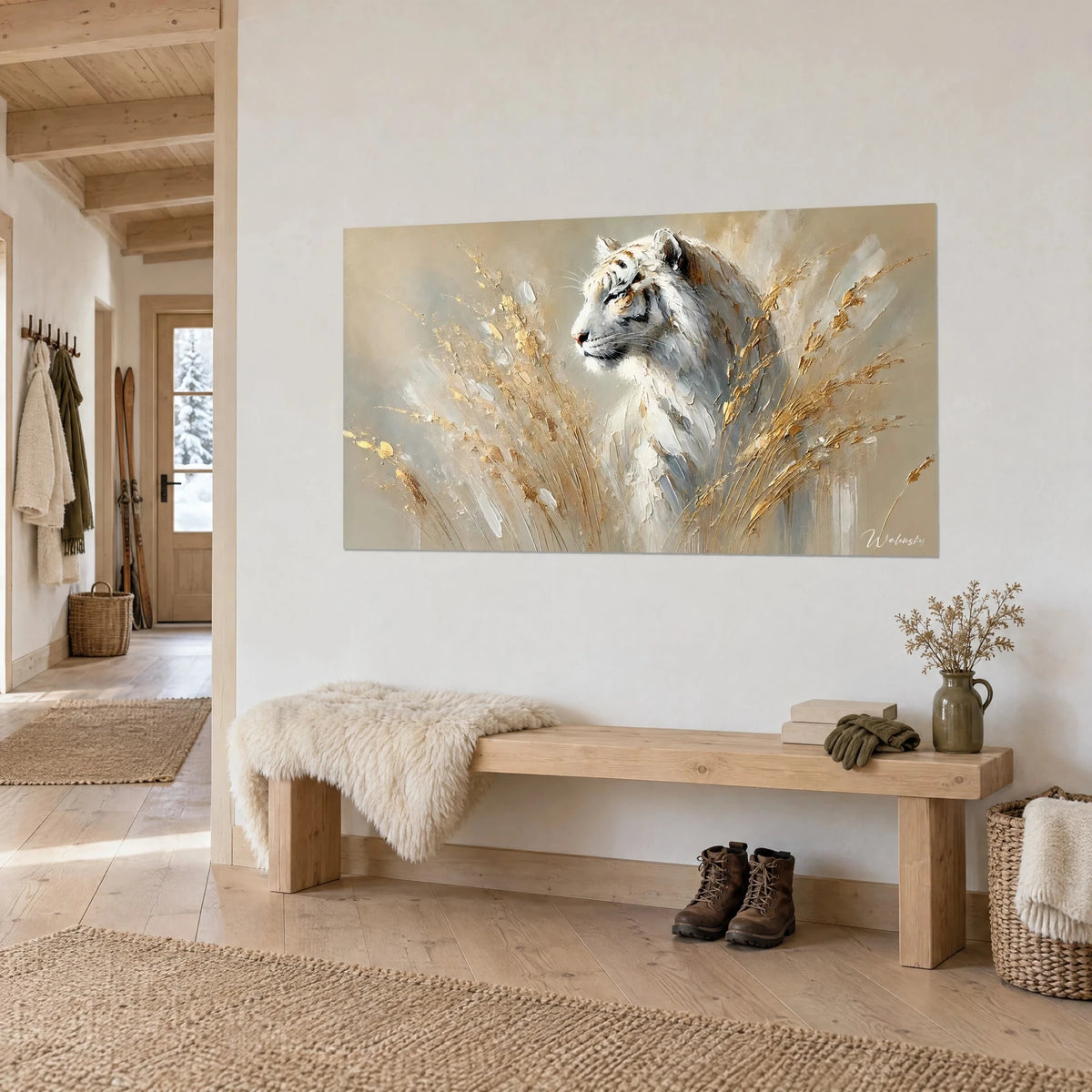 Tableau félin immaculé au museau rosé, épis d'or et fond beige, vu de trois-quarts, au-dessus d'un banc en bois dans une entrée de chalet