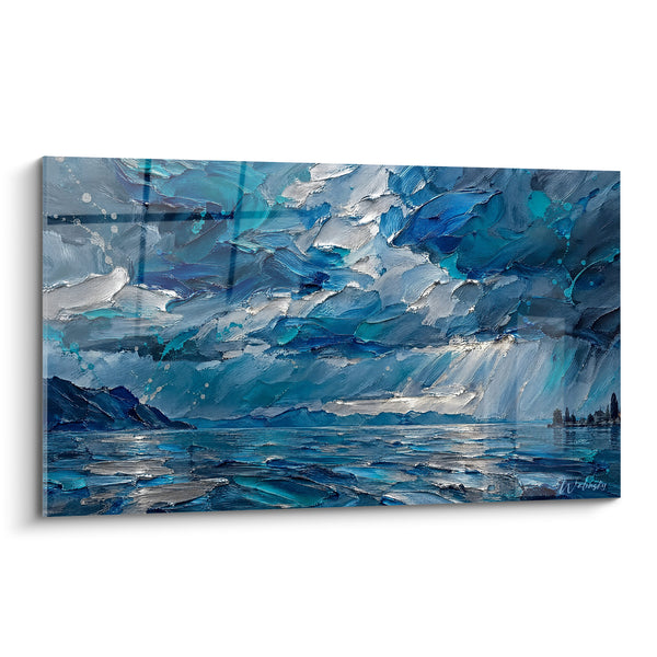 Lake Geneva Blue and Silver Painting Under a Stormy Sky - Light Before the Storm - Léman Edition Canton of Geneva France