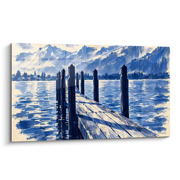 Schilderij Ponton blauw marine en ivoor op kalm water - Voorbijgaand moment - Editie Léman kanton Genève Frankrijk