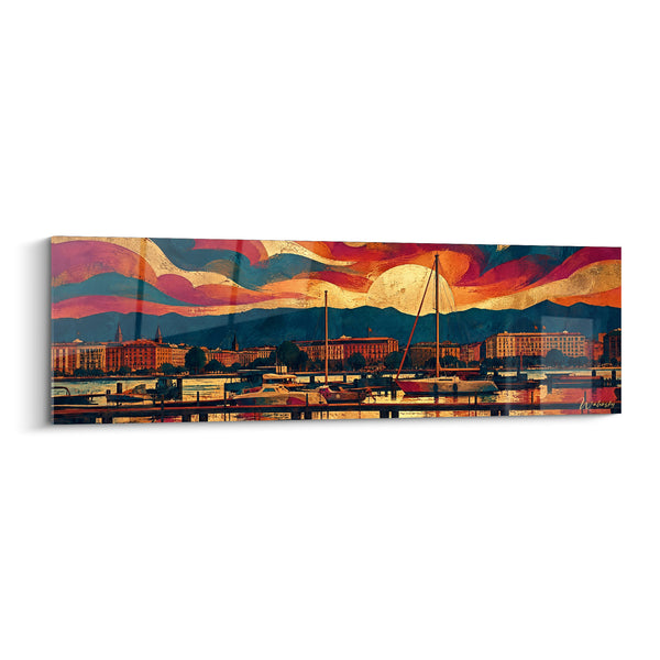 Tableau Voilier rouge et or sur quai urbain - Façades genevoises au couchant - Edition Léman  canton de Genève  France