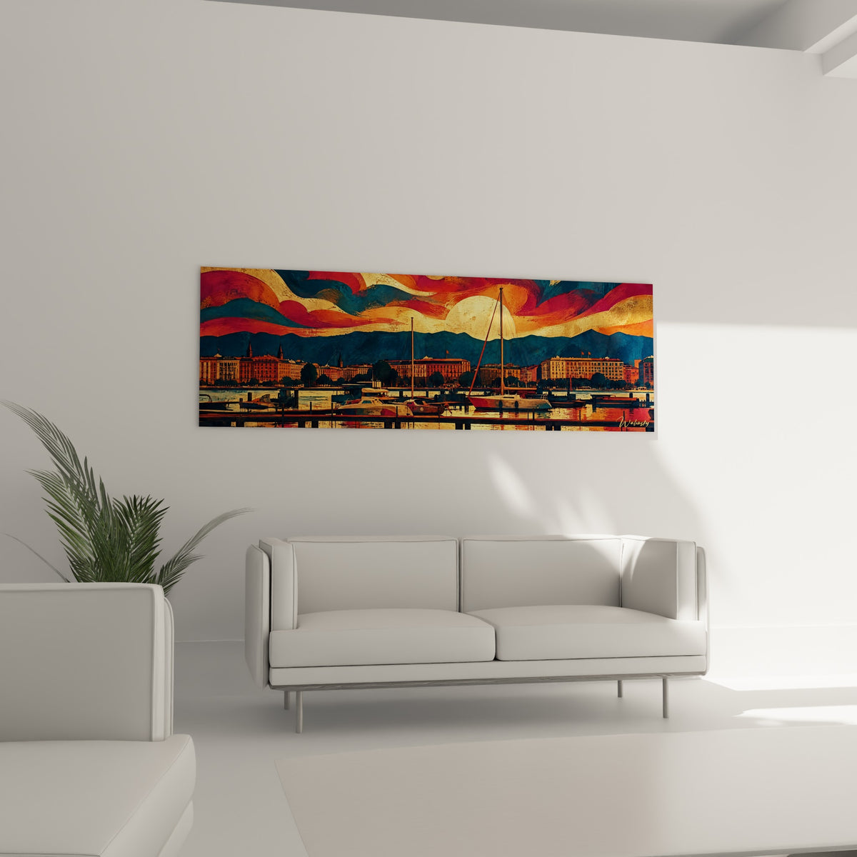 Skyline de Genève illuminée par un ciel rouge et or, bateaux amarrés, accrochée au-dessus d'un canapé dans un salon lumineux