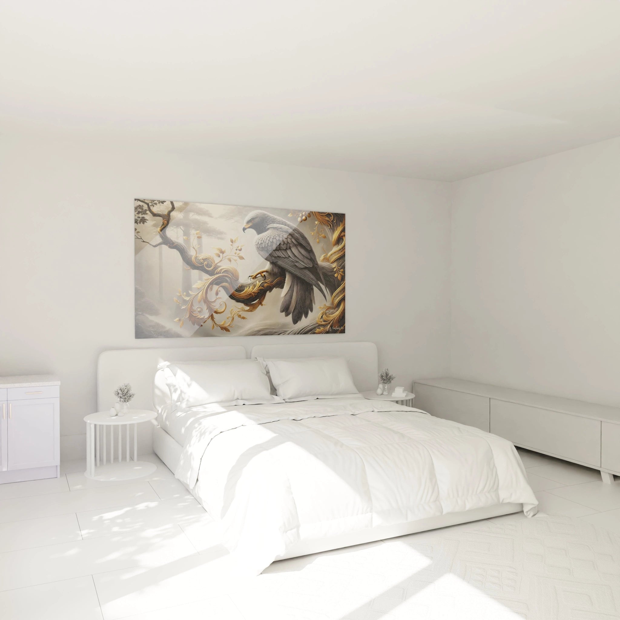 Sublimez votre chambre avec ce tableau aigle, accroché au-dessus du lit. La combinaison du gris, noir et or apporte une touche élégante et apaisante à votre espace.

