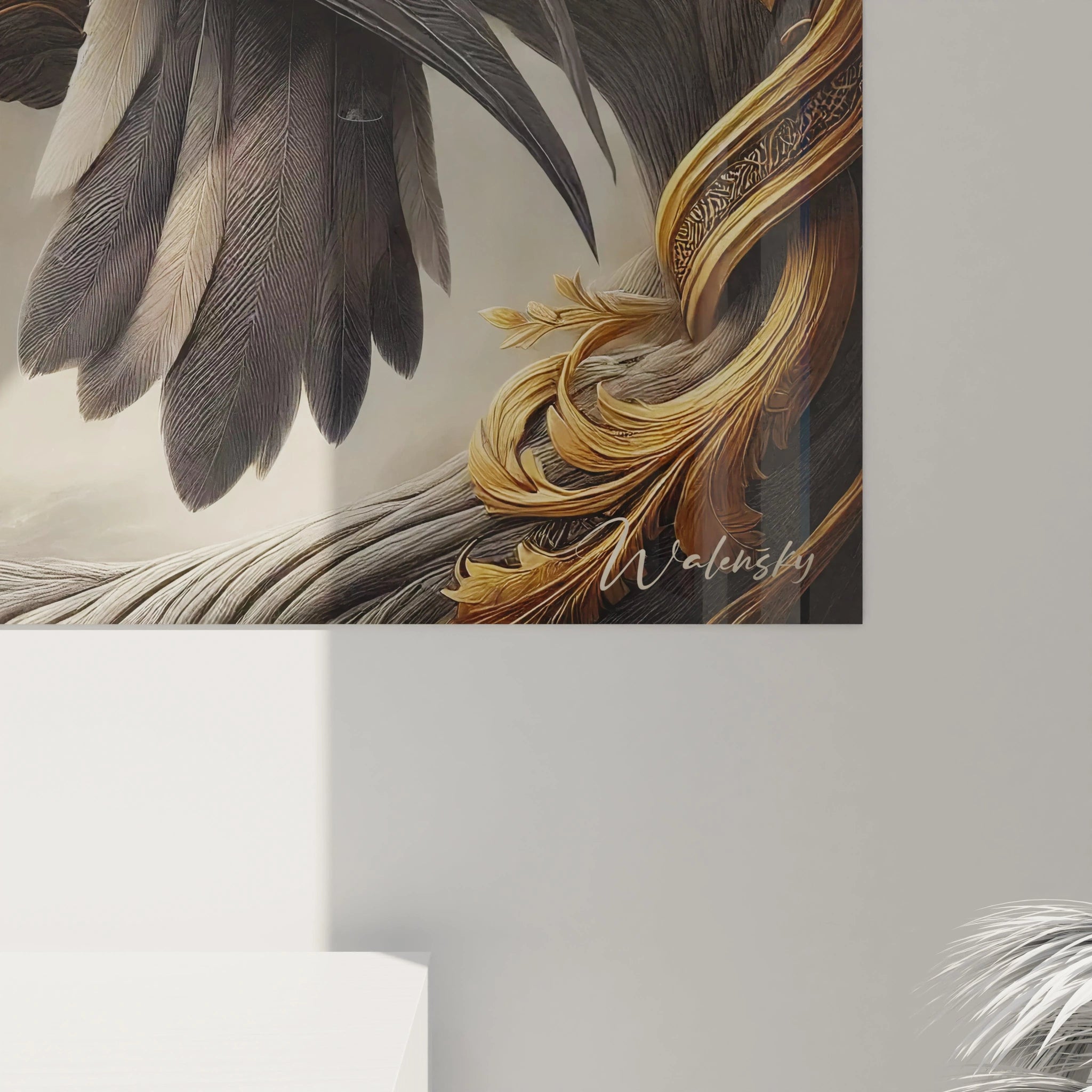 Découvrez de près la finesse des détails de ce tableau aigle, où les plumes minutieusement dessinées contrastent avec les ornements dorés de la branche.







