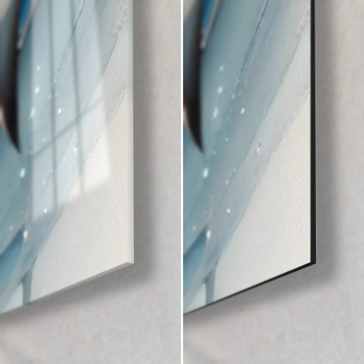 Gemälde Perlmutt-Hai, untere rechte Ecke: glänzendes Acrylglas mit Reflexen links, mattschwarzes Dibond-Alu und 3 mm Kante rechts