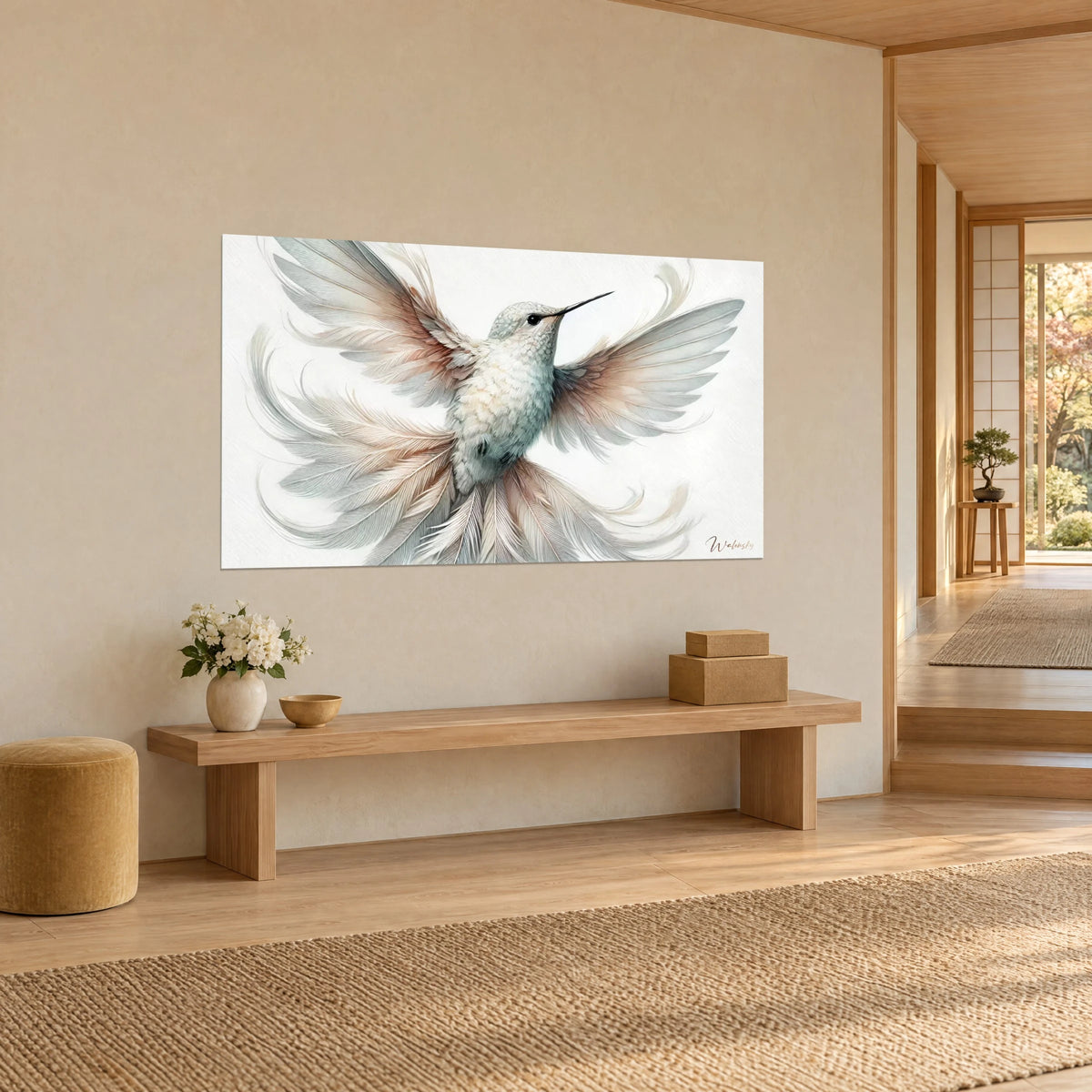 Tableau oiseau-mouche en vol stationnaire, bec fin noir, plumage ivoire nuancé de rose cuivré, mur beige près d'un banc en bois
