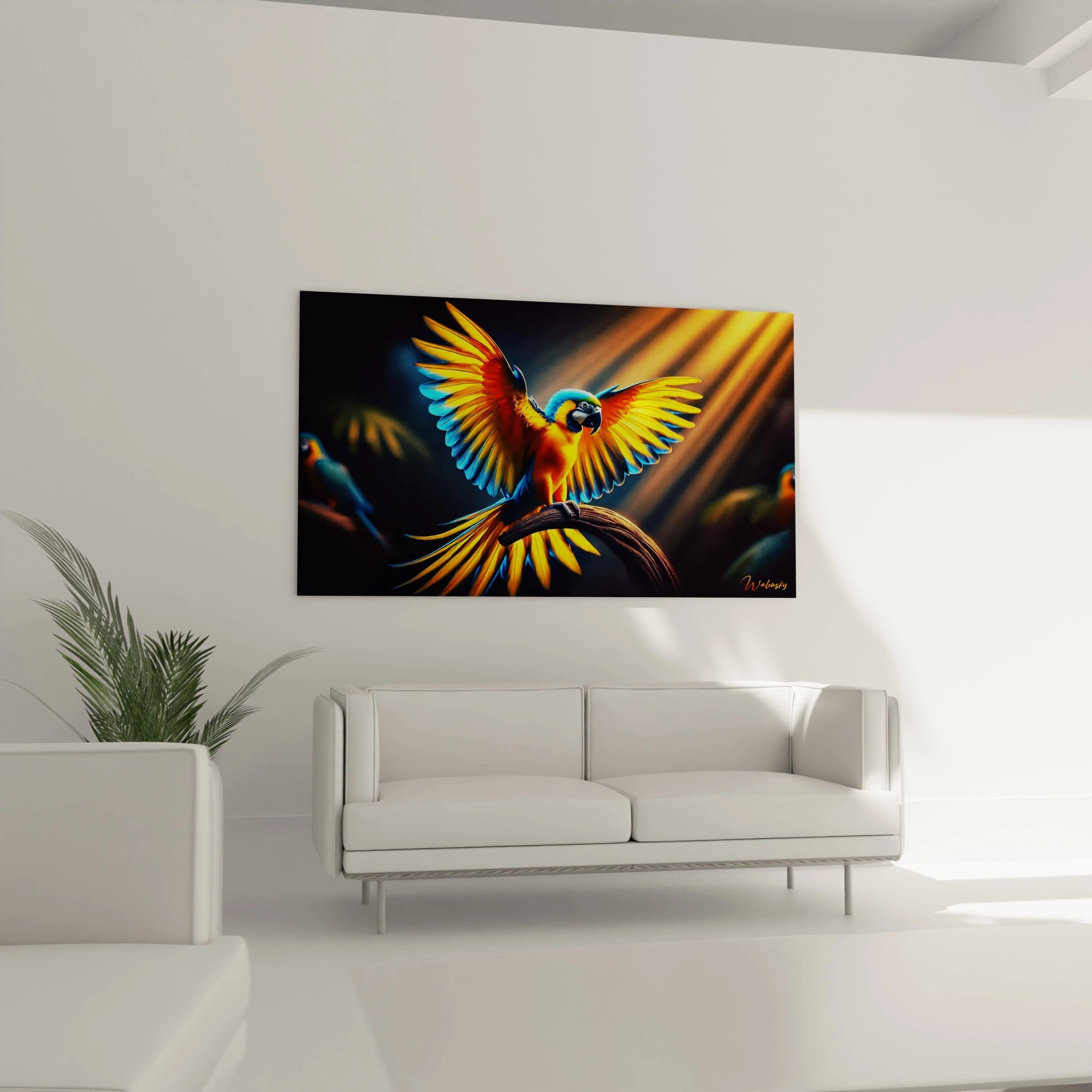 Ce tableau perroquet, placé au-dessus d'un canapé, apporte de l’énergie et de la couleur dans un salon moderne. Ses couleurs vives illuminent la pièce tout en ajoutant une touche d'exotisme.