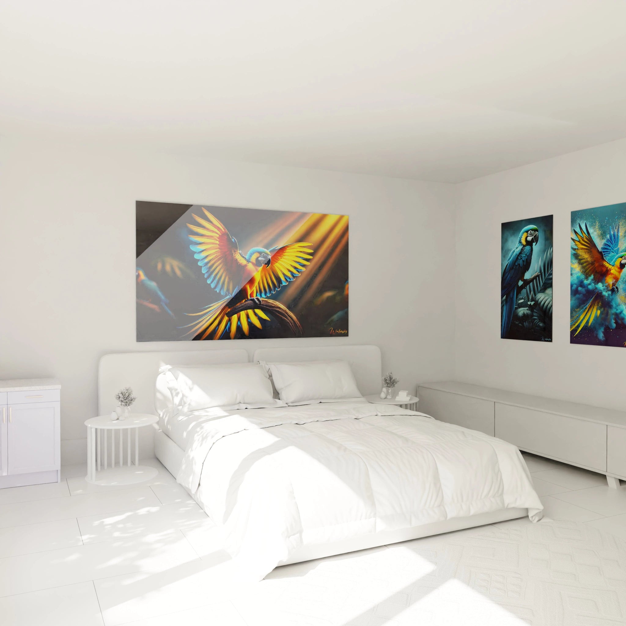 Ajoutez une touche d'élégance à votre chambre avec ce tableau perroquet aux ailes déployées. Accroché au dessus du lit, il illumine la pièce et crée une atmosphère chaleureuse et unique.