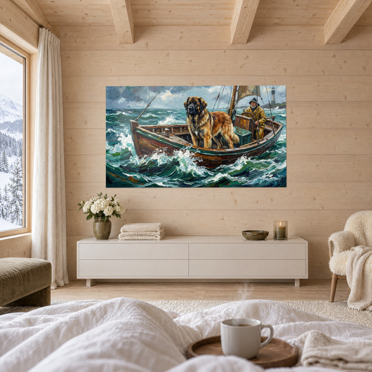 Cuadro marinero y su perro gigante de melena dorada, mar verde espumoso, vela beige y faro, encima de una cama en un dormitorio luminoso
