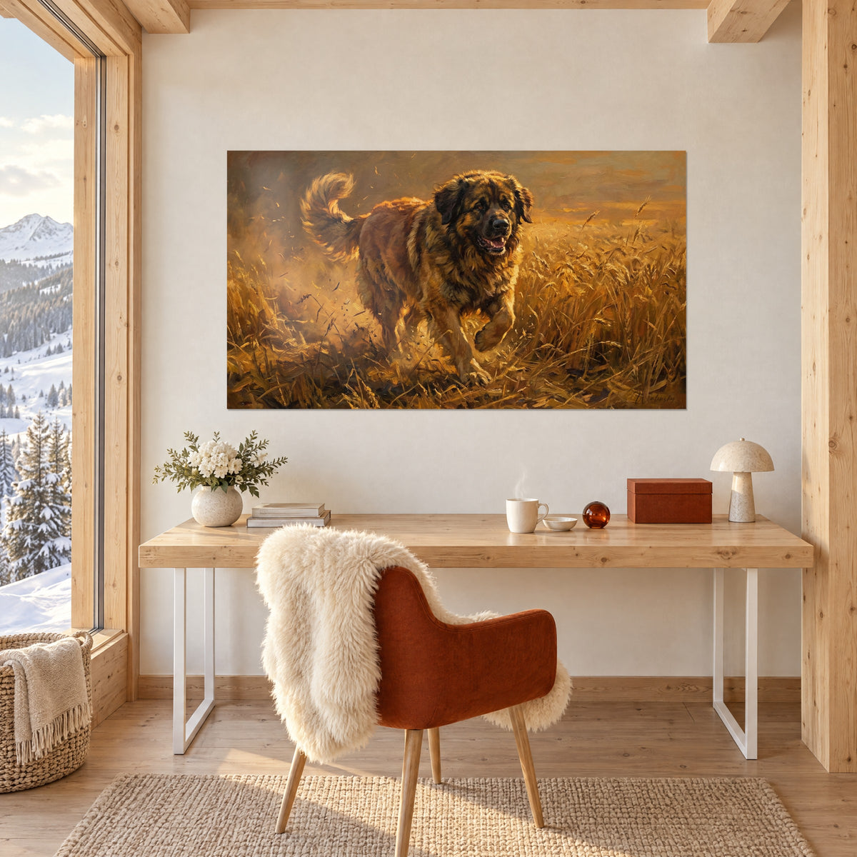 Πίνακας Leonberger σε πλήρη καλπασμό, χρυσή σκόνη και ξανθό στάρι, πάνω από ξύλινο γραφείο από ξανθό ξύλο