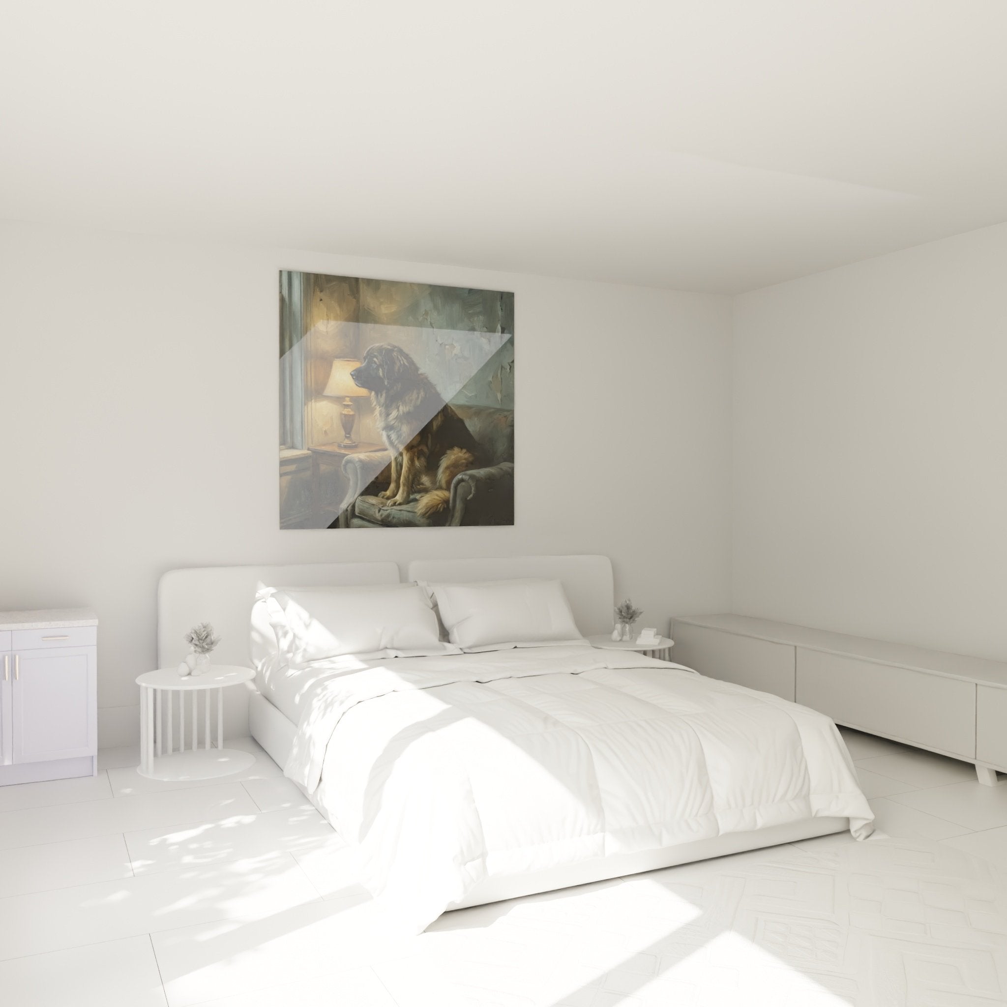 Tableau chien Leonberg fauteuil dans chambre moderne, décoration murale animaux domestiques