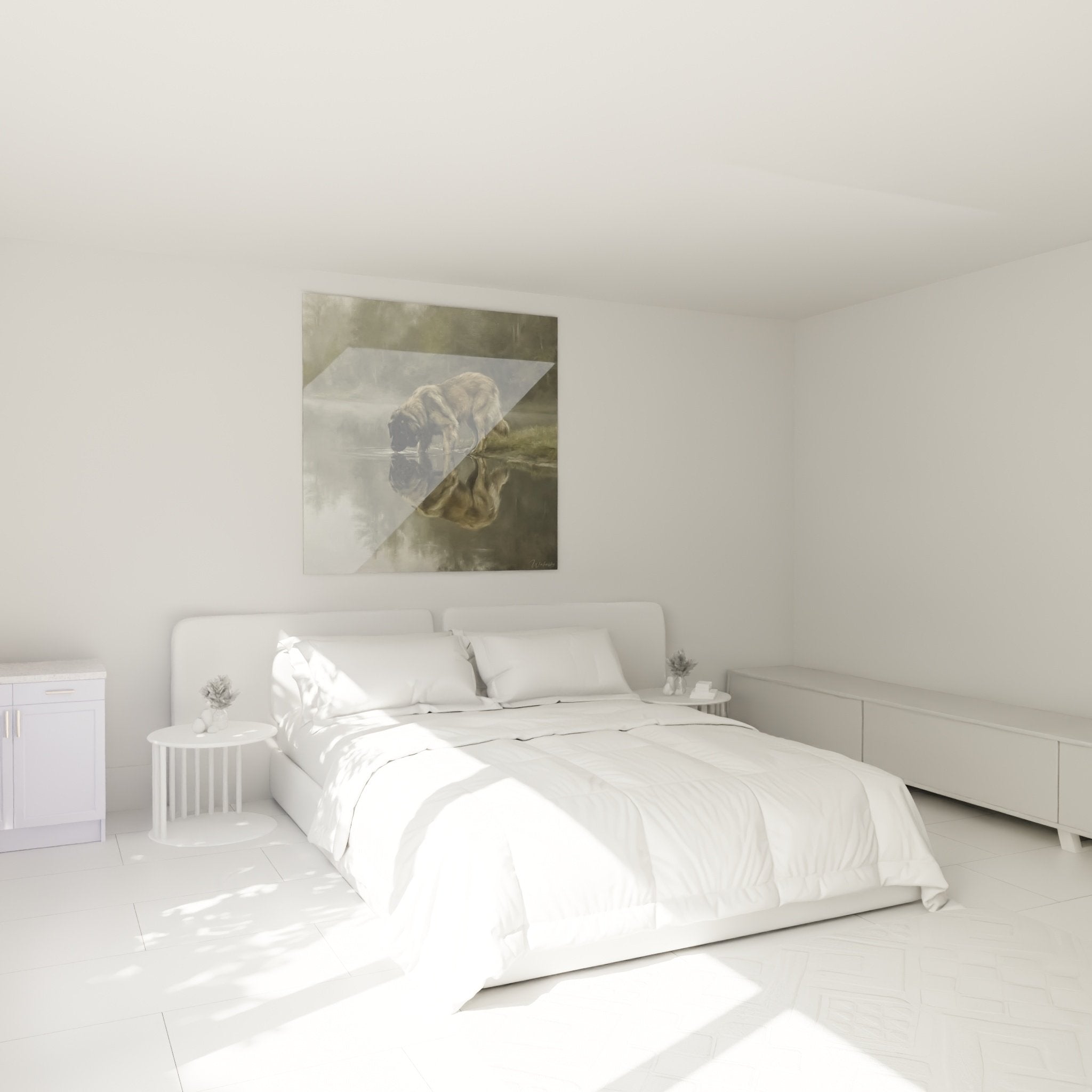 Tableau Leonberg se désaltérant exposé dans chambre moderne, reflets aquatiques artistiques, déco murale