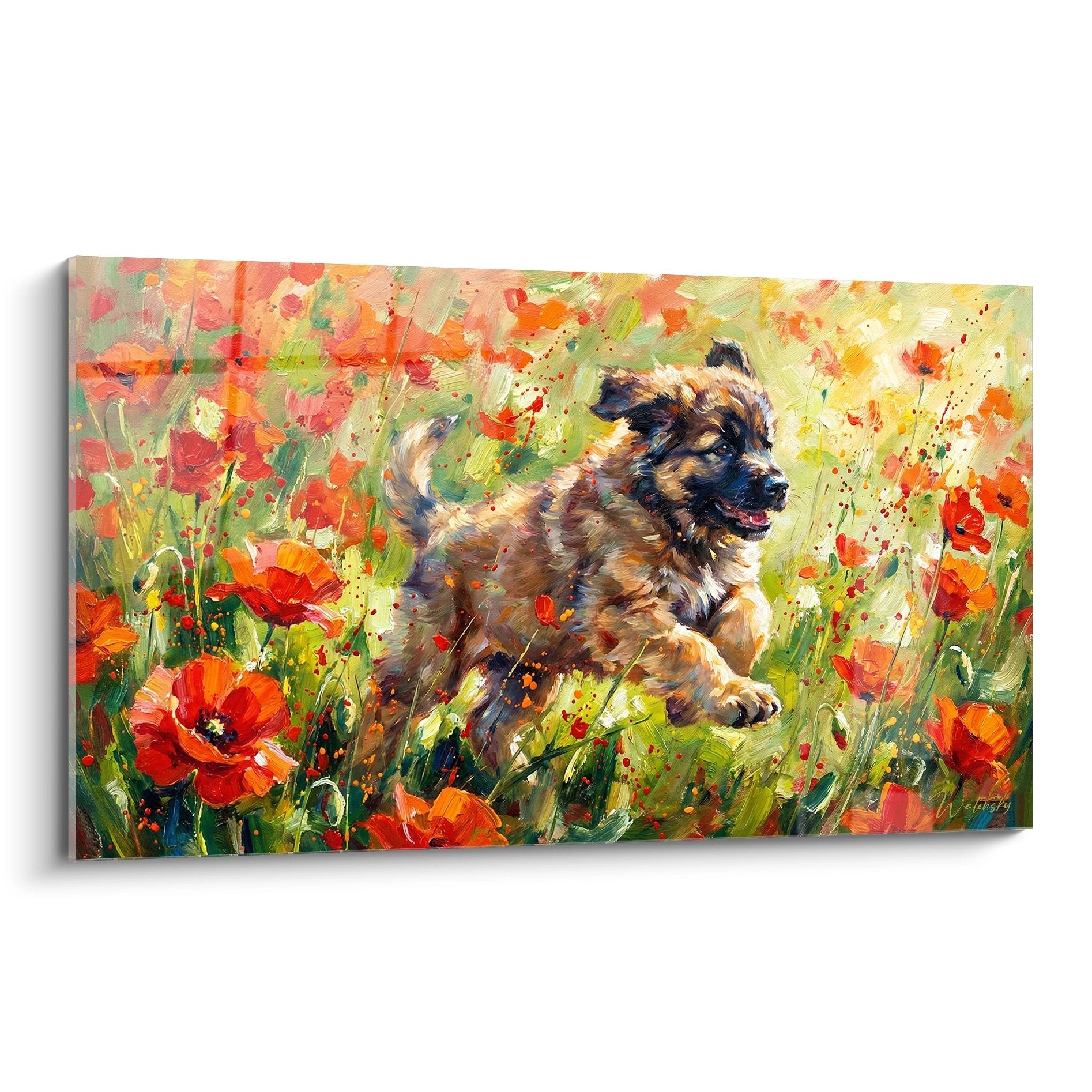 Tableau Leonberg courant dans champ coquelicots rouges peinture expressive couleurs vives art canin floral
