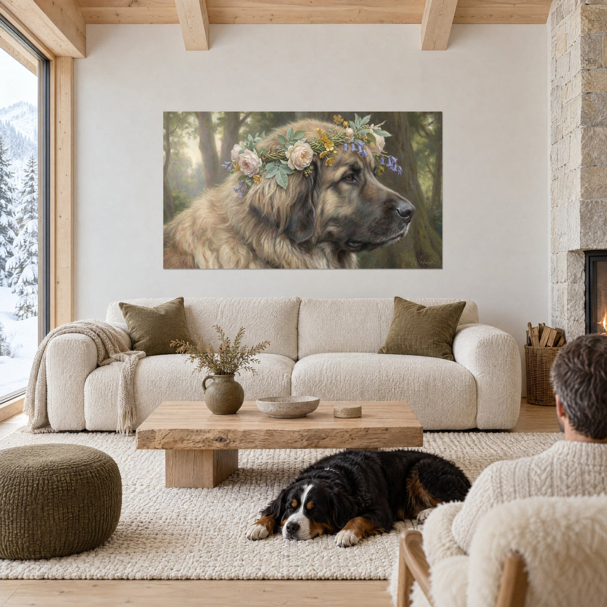 Wall art Leonberger dog crowned with pale roses and blue bellflowers, tawny coat, above a sofa in a bright living room