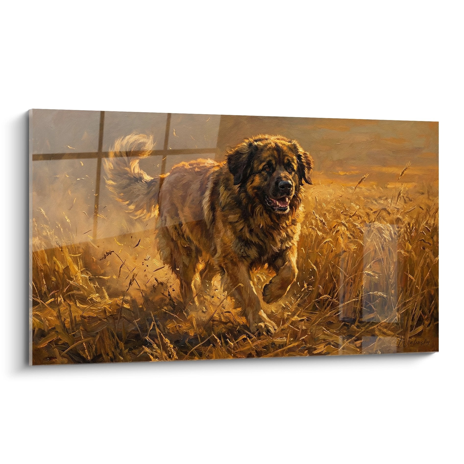 Tableau leonberg chien course herbes dorées automne tons ocre bronze mouvement dynamique nature