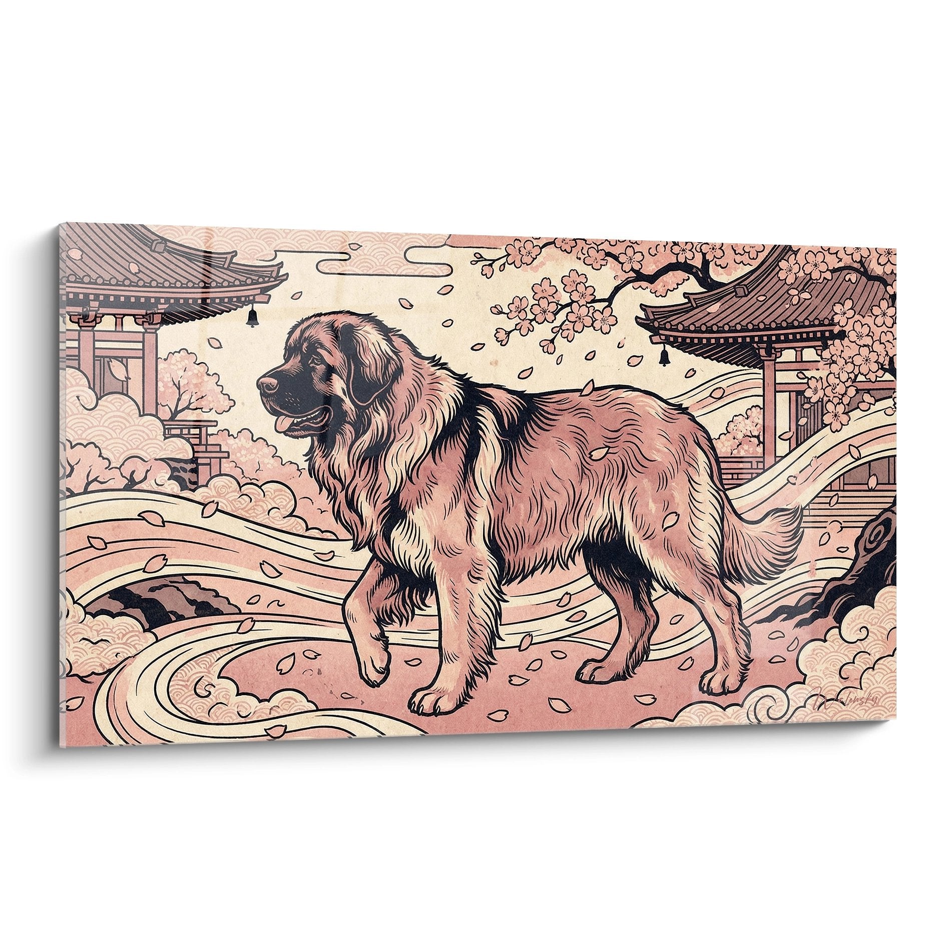 tableau leonberg chien jardin japonais tons roses pagode cerisiers fleurs art oriental decoratif