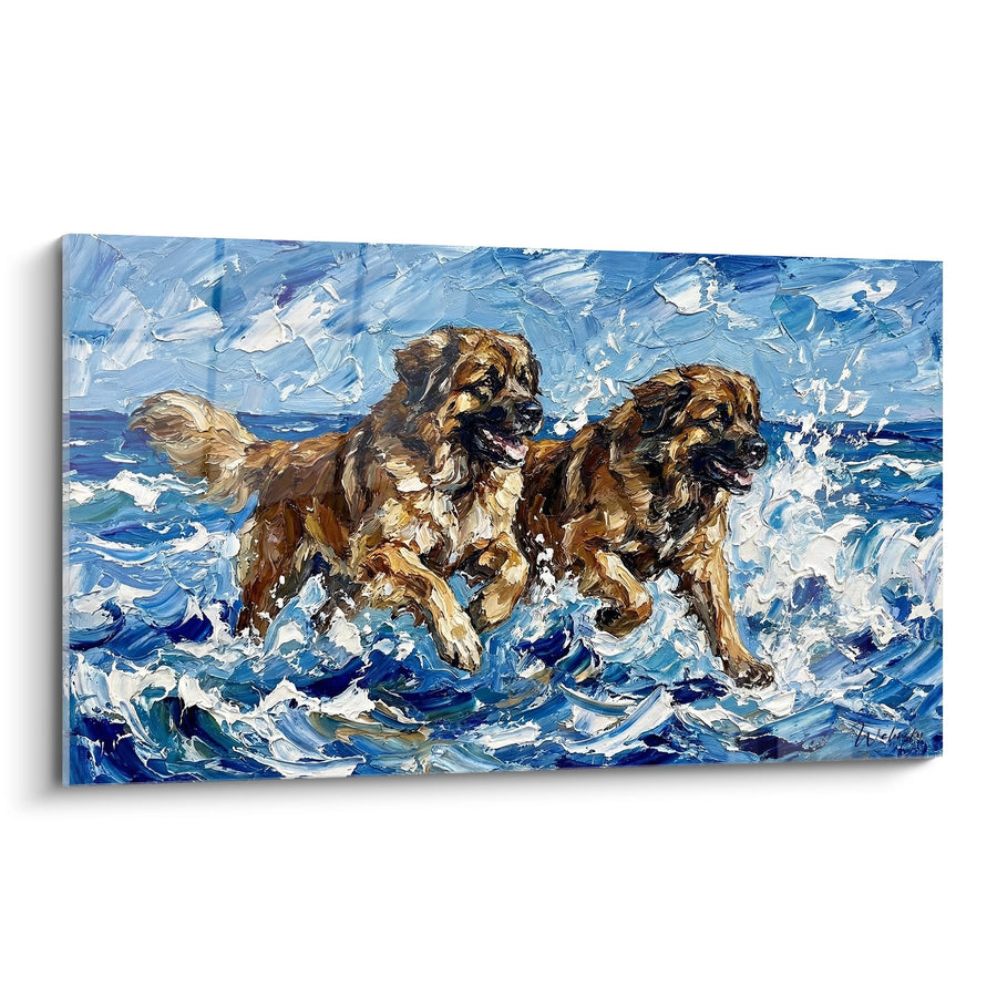 Tableau Chiens Leonberg Jouant dans les Vagues - Énergie Océanique - Edition Leonberg