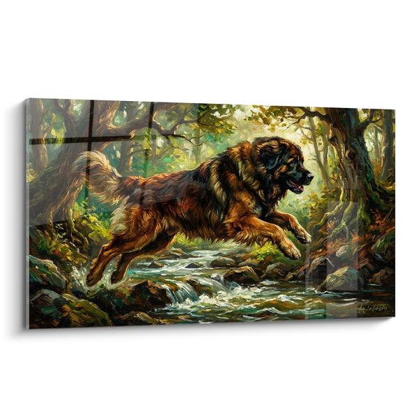 Cuadro de Perro Leonberger Cruzando un Arroyo en Bosque - Impulso Natural - Edición Leonberg