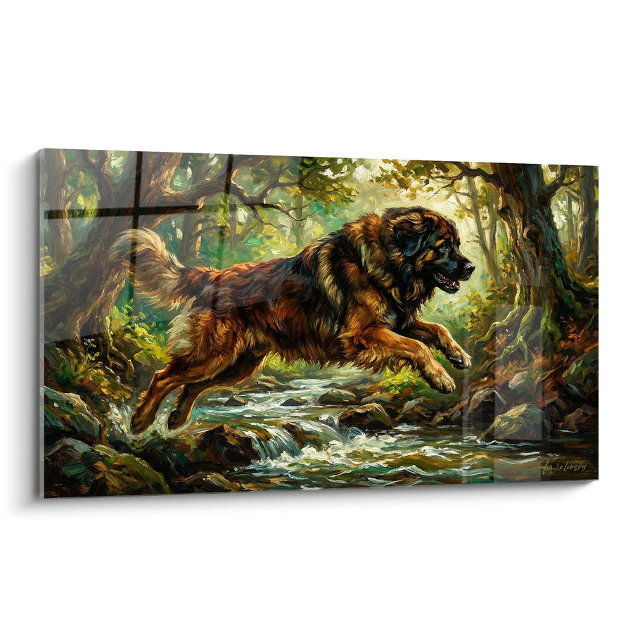 Tableau Chien Leonberg Franchissant un Ruisseau en Forêt - Élan Naturel - Edition Leonberg