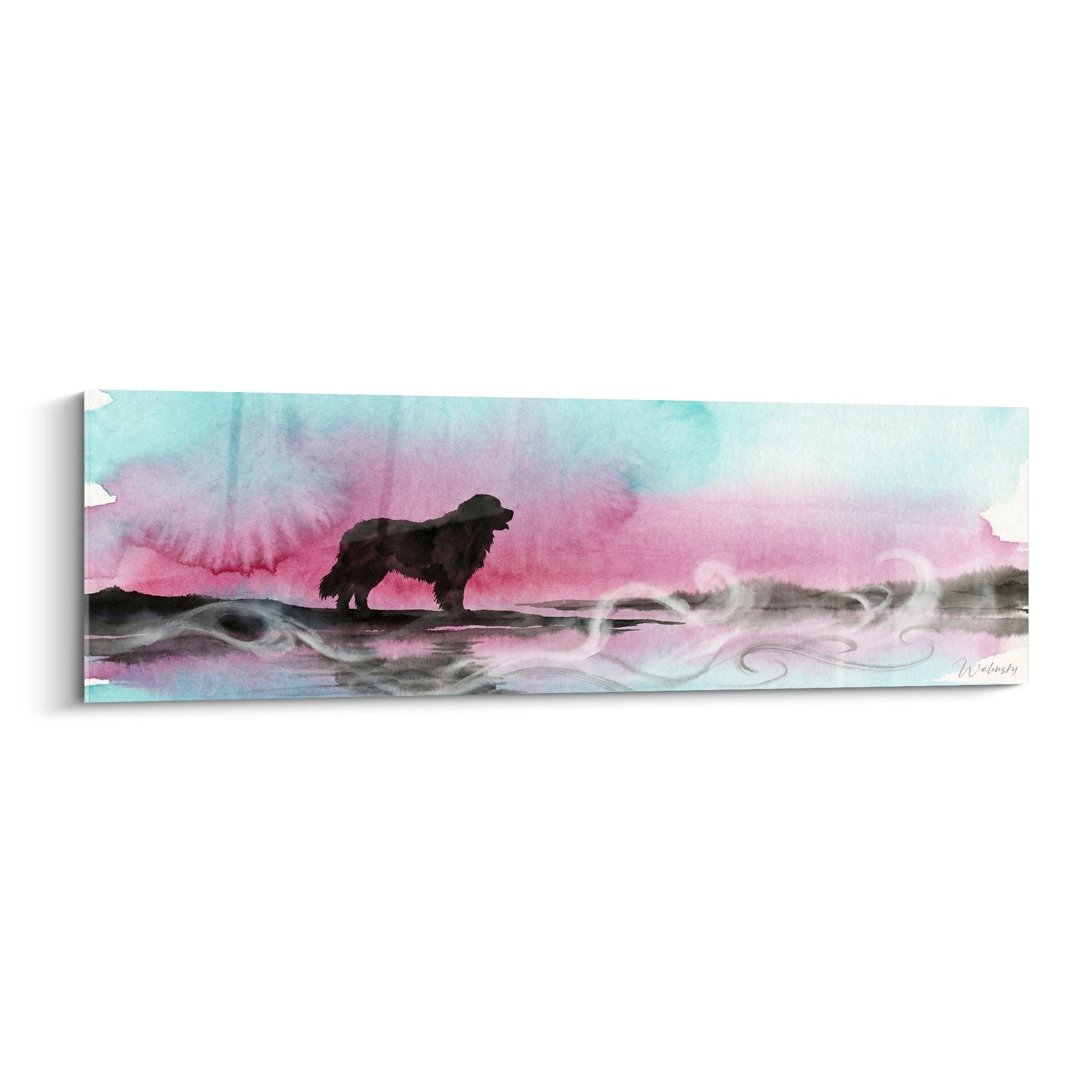 Tableau aquarelle Leonberg silhouette noire sur rivage nuages roses turquoise pastel format panoramique