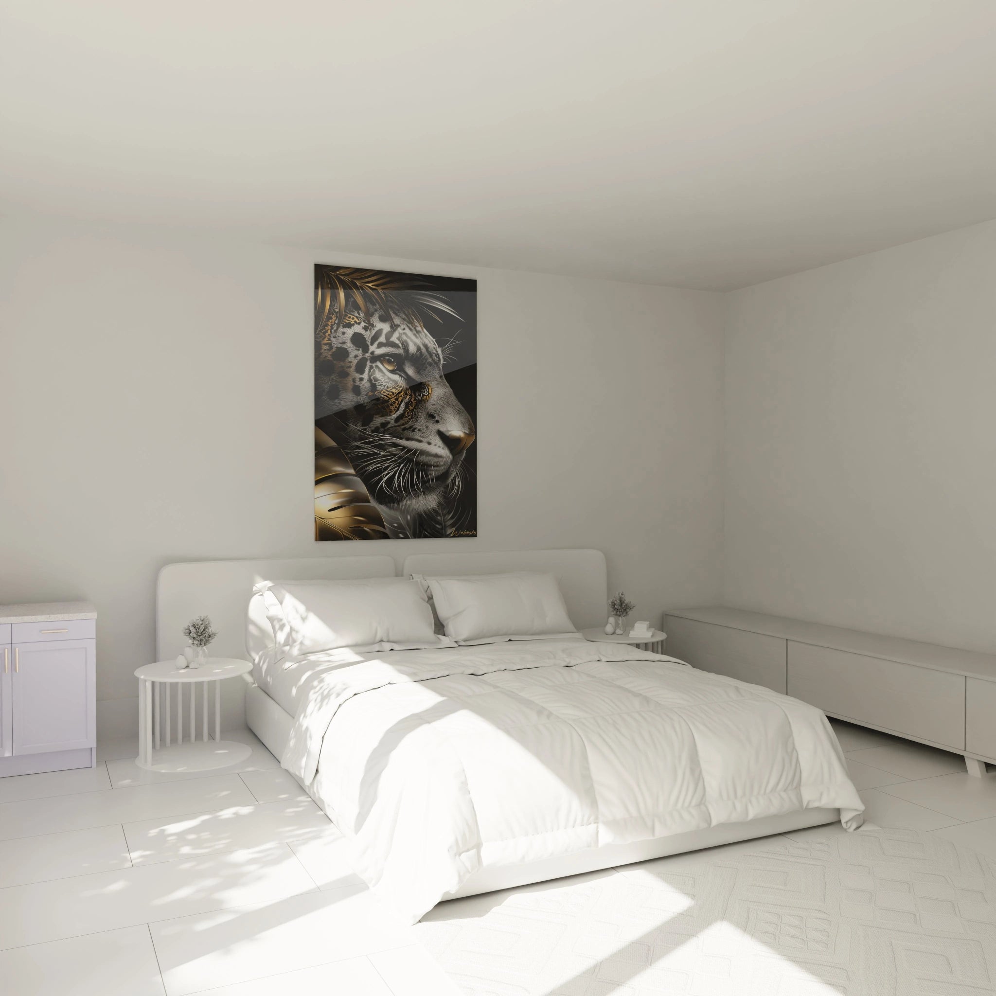 Décoration chambre avec tableau léopard or noir créant une ambiance élégante et sauvage
