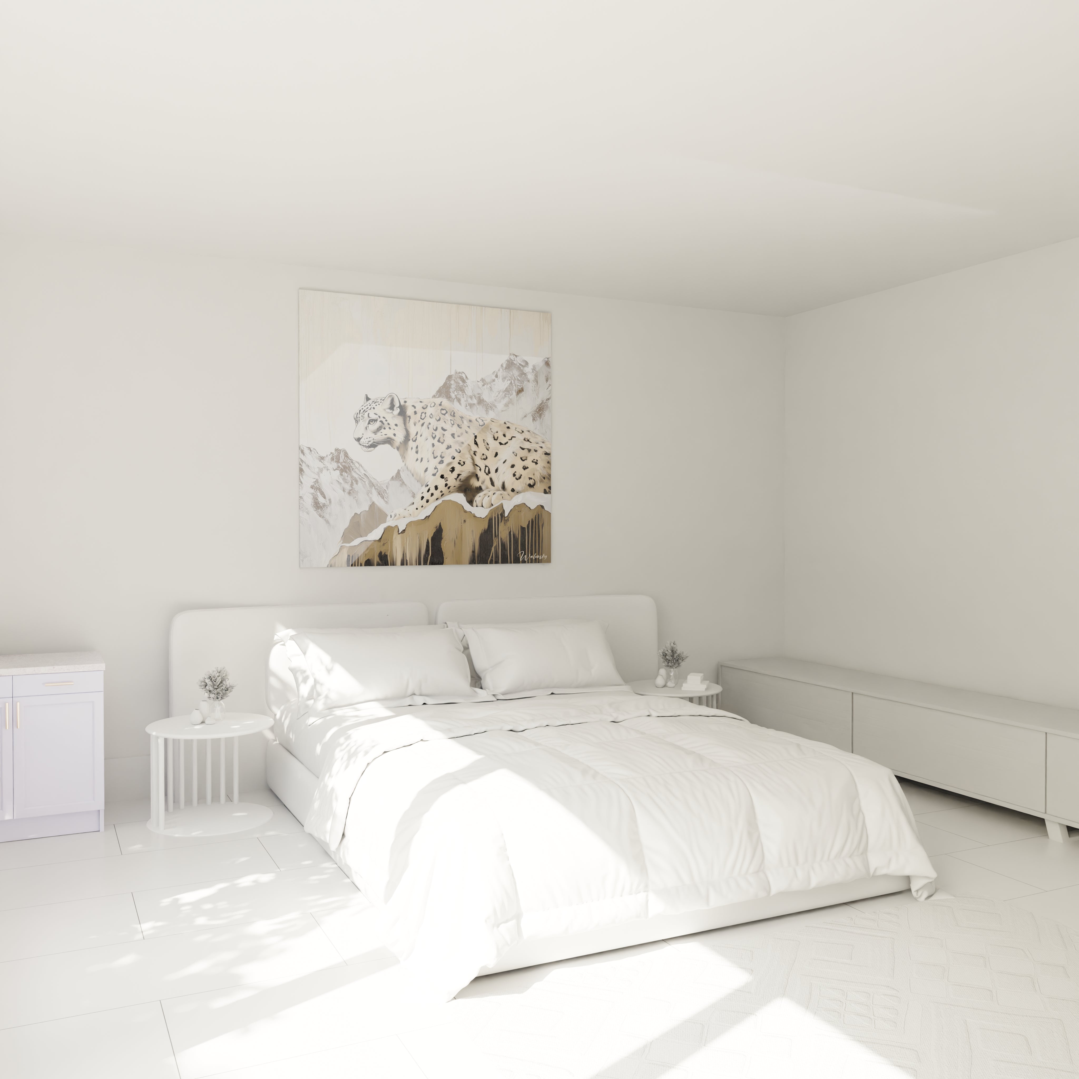 Tableau panthère des neiges Walensky accroché au mur dans une chambre blanche moderne et lumineuse