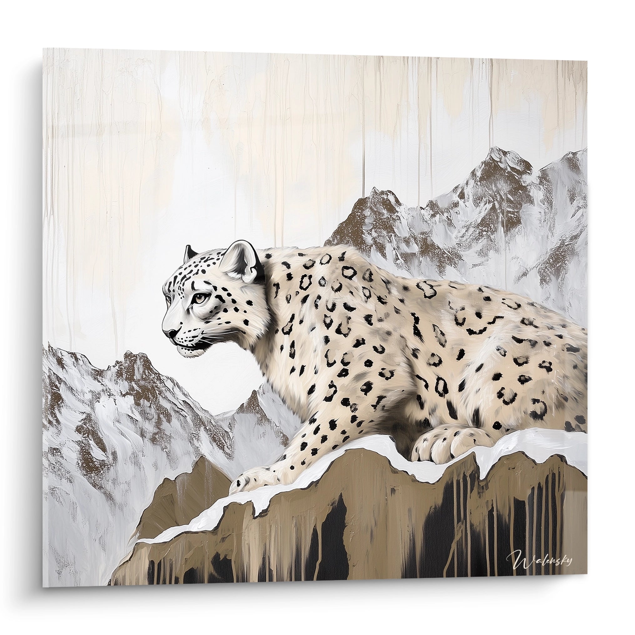 Tableau panthère des neiges de Walensky avec un grand félin sur fond de montagnes enneigées