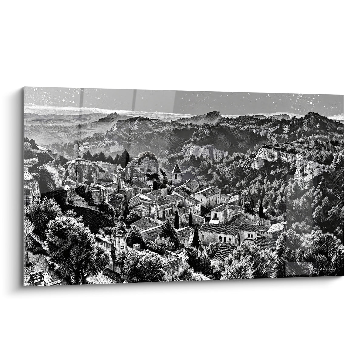 Village perché des Baux-de-Provence en gravure noir et blanc sous ciel étoilé anthracite