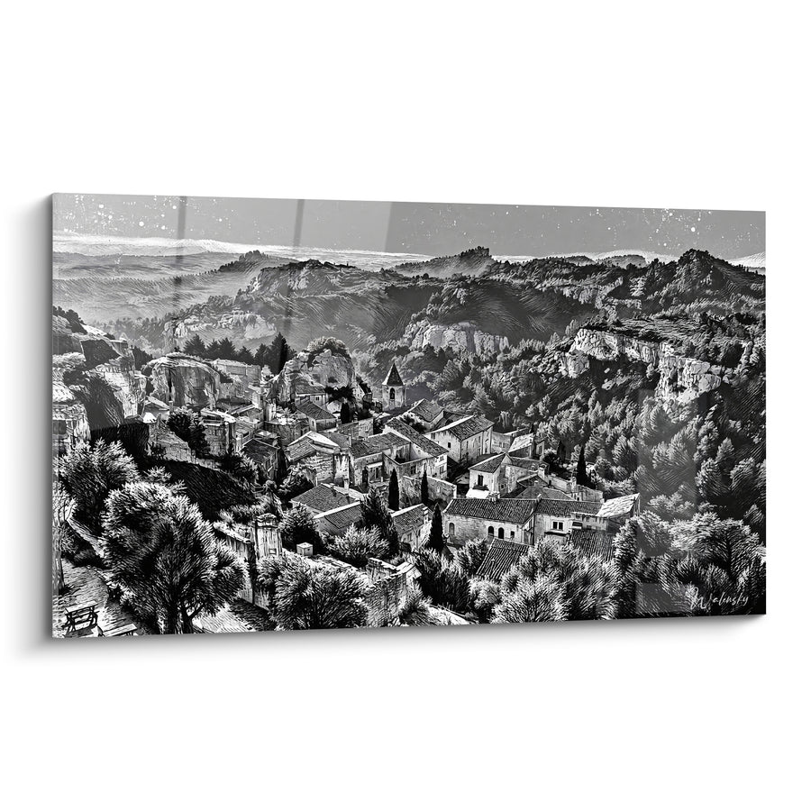 Tableau Village perché gris et noir au clocher - Veille des rochers - Edition Les Baux-de-Provence Provence-Alpes-Côte d'Azur France