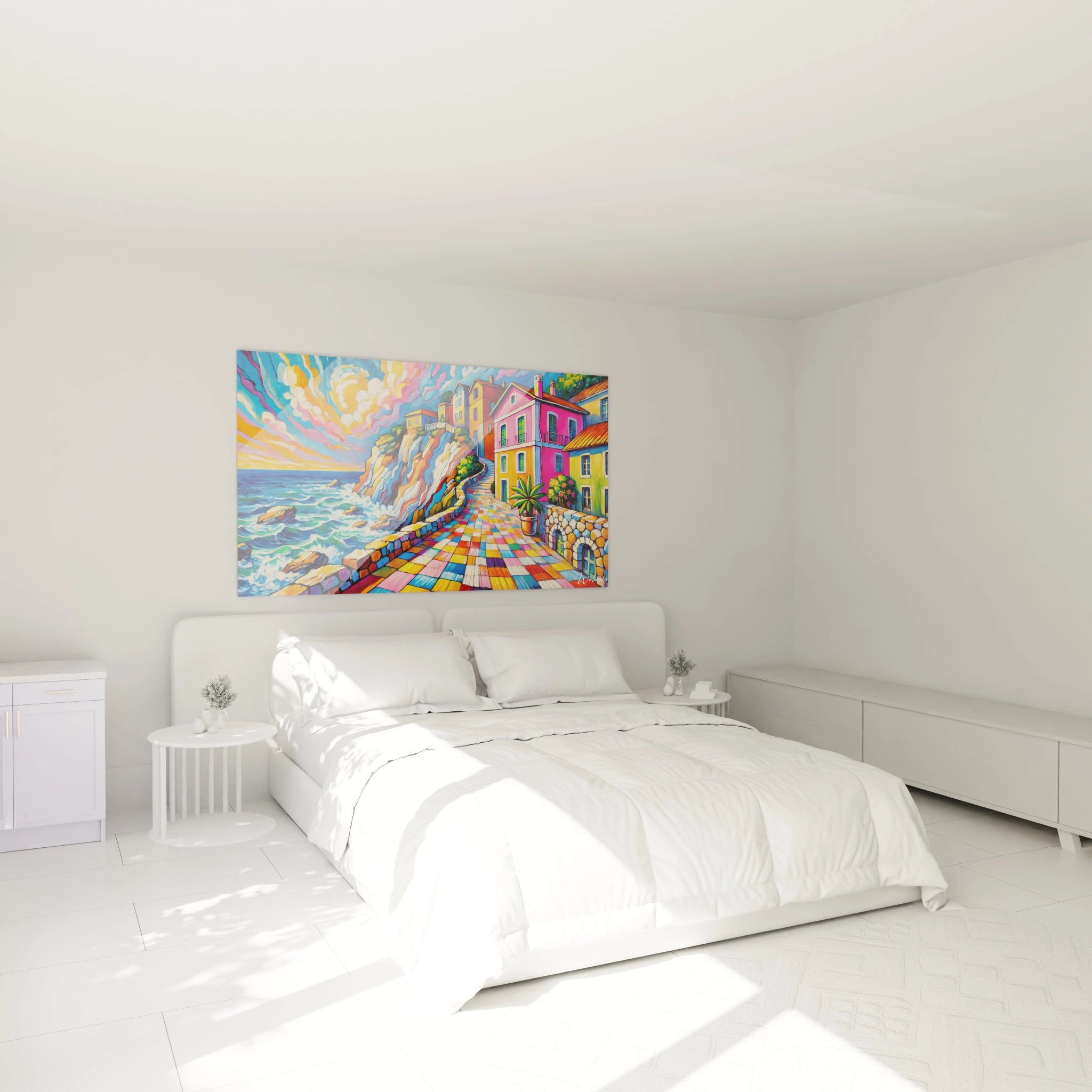 Un tableau fauvisme abstrait illustrant un paysage côtier avec des textures fluides pour les vagues, des tons orange et bleu pour la falaise, et des bâtiments aux façades rose et jaune.

