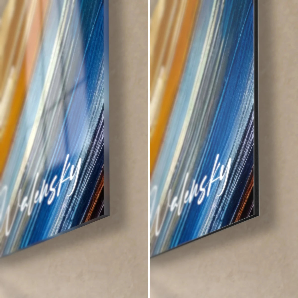 Tableau face stylisée, stries bleu cobalt et blanc, signature Walensky sur verre brillant à gauche, Dibond mat à droite