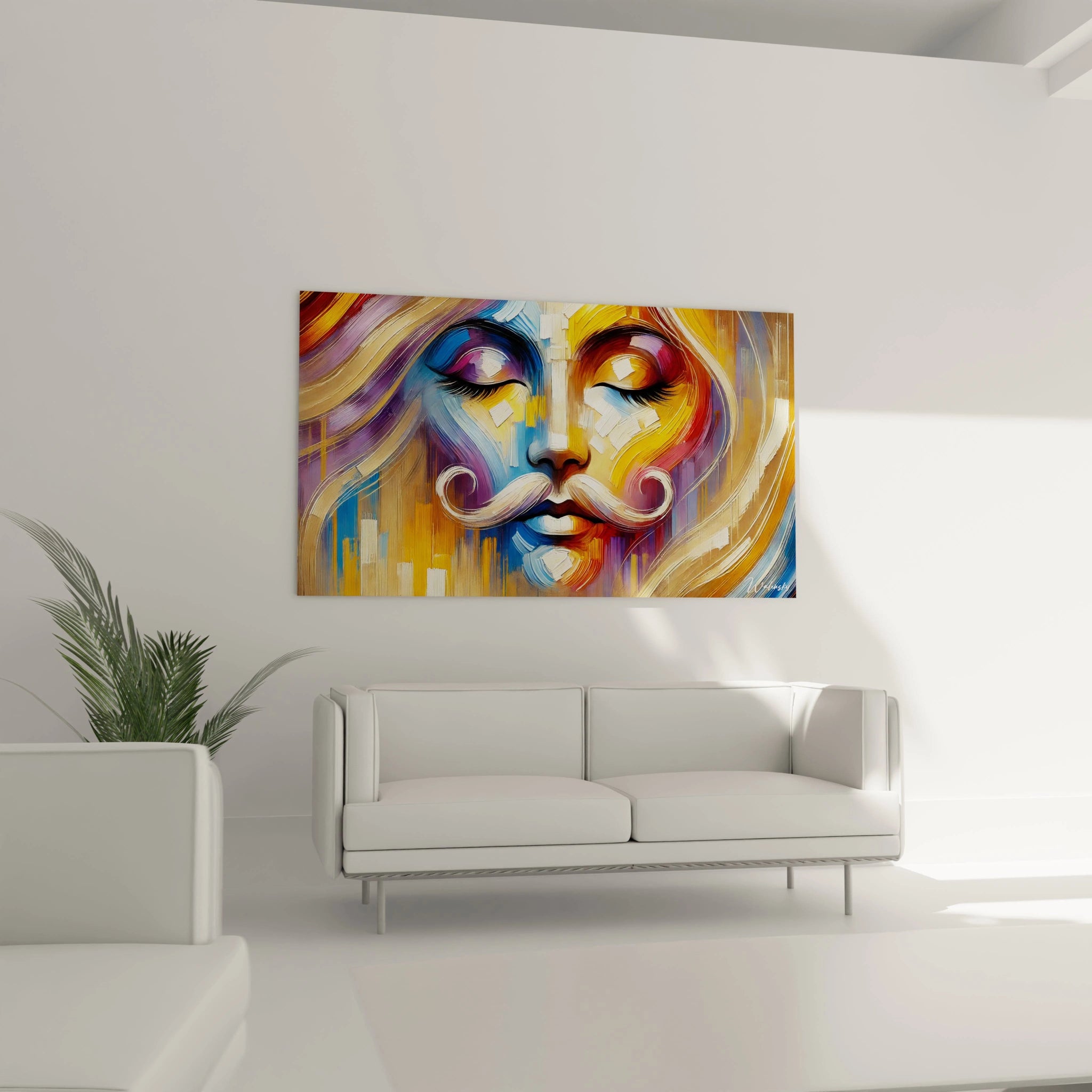Un tableau fauvisme abstrait montrant un visage abstrait, dominé par des couleurs bleu et jaune, et des effets de texture en couches et lignes ondulées.
