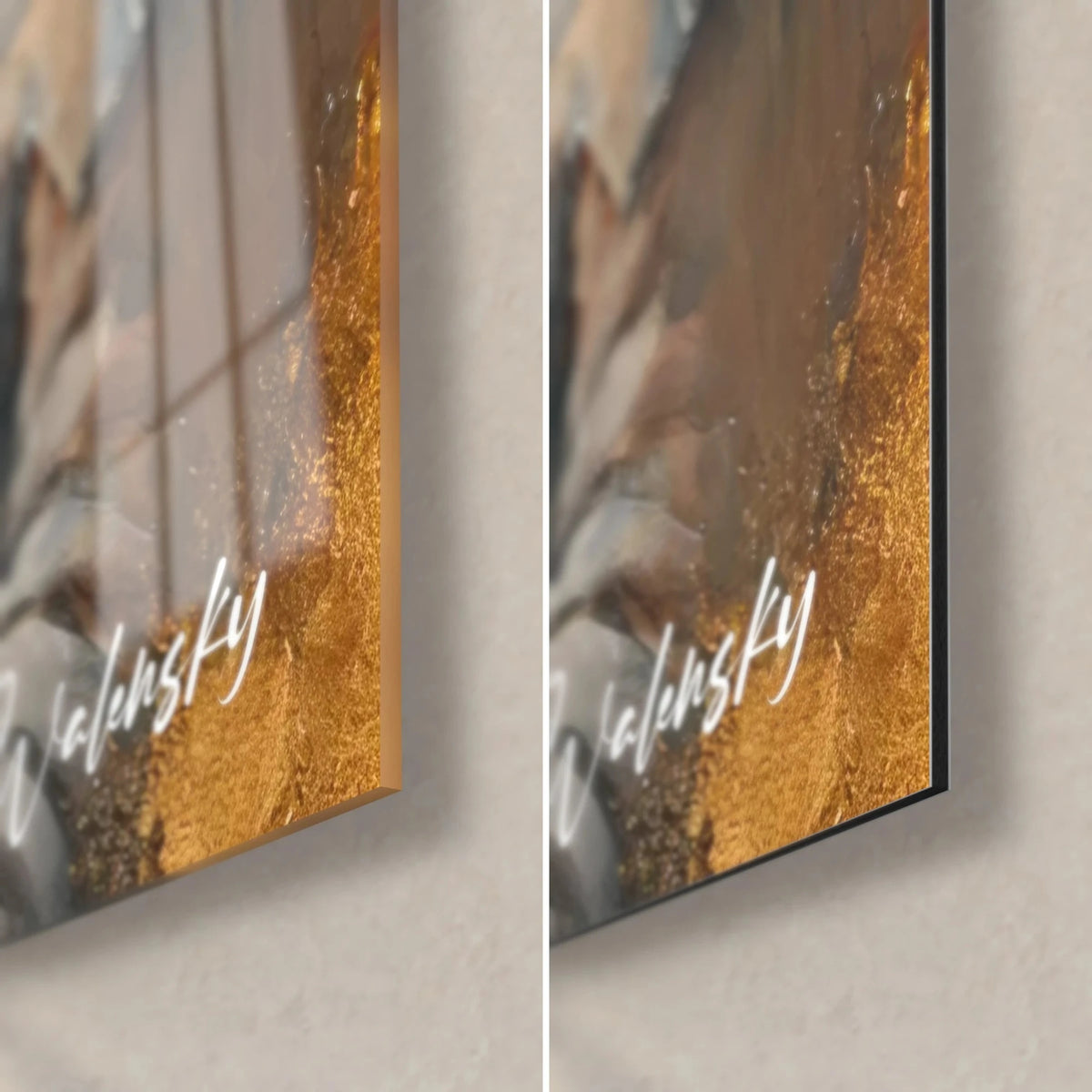 Wall art warrior statues in grey and muted gold, bottom right corner in glossy glass reflecting onto matte black Dibond