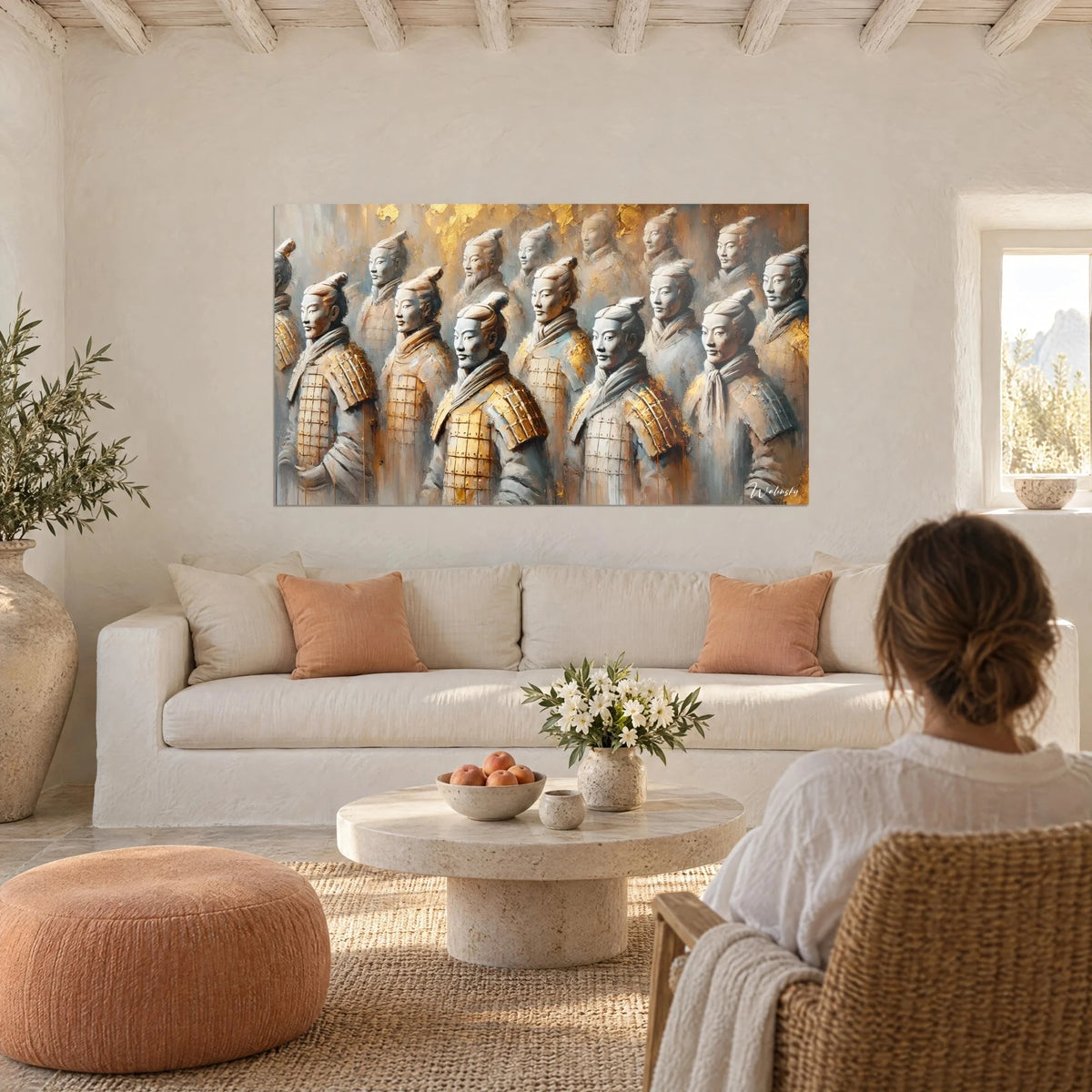 Wall art terracotta army in pearl grey and gold, rows of warriors above a sofa in a bright living room