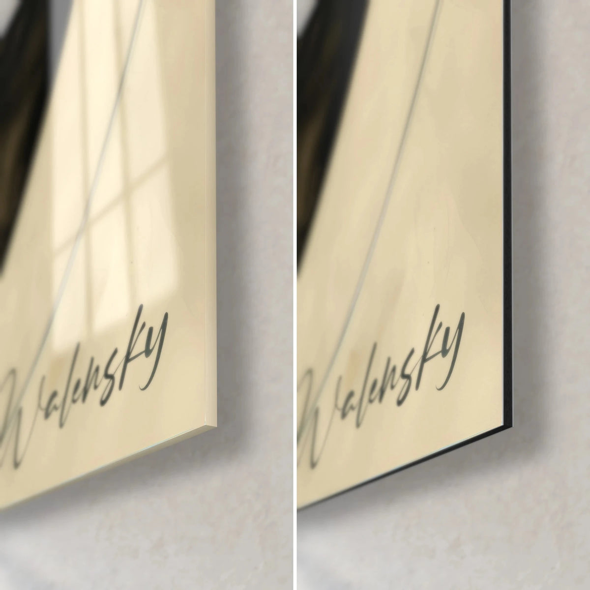 Wall art abstract ellipses in beige and black, bottom right corner, glossy acrylic glass and matte Dibond aluminium, 3 mm edge